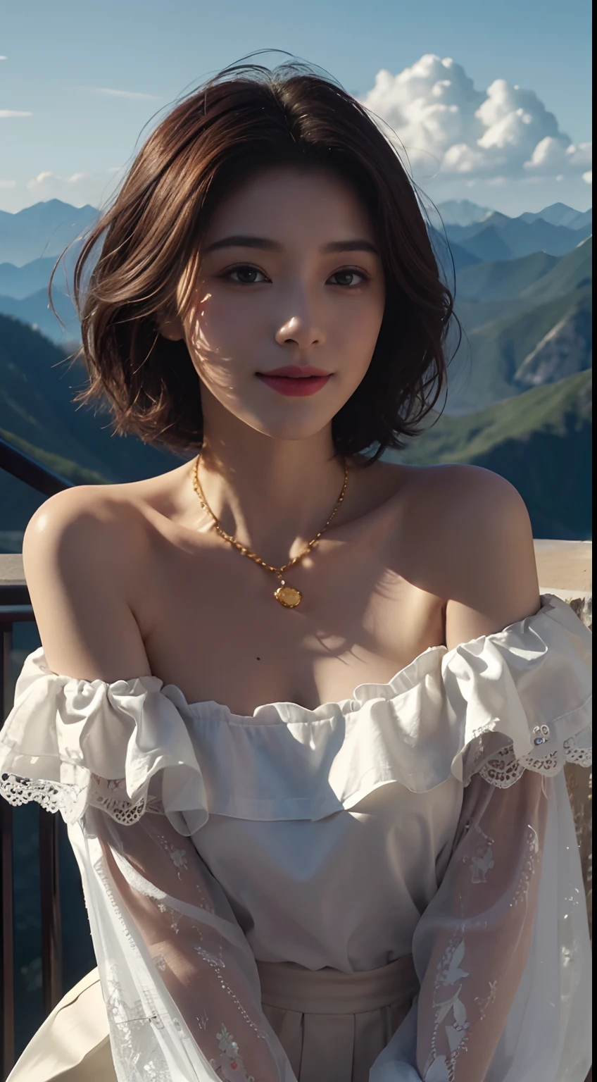 Realism, Surrealist painting, photorealistic realism, (very detailed 8k wallpapers), (extremely delicate and beautiful), (masterpiece), (best quality: 1.5), (ultra resolution: 1.3), detailed skin, ultra-detailed, (short wave hair:1.2), smile, red_hair, breeze, diamond_necklace, full_body, white_off_the_shoulder_shirt_ with_bobo_sleeves, gold_lace, (mountain_top: 1.6), (colorful_clouds), realistic shadows,