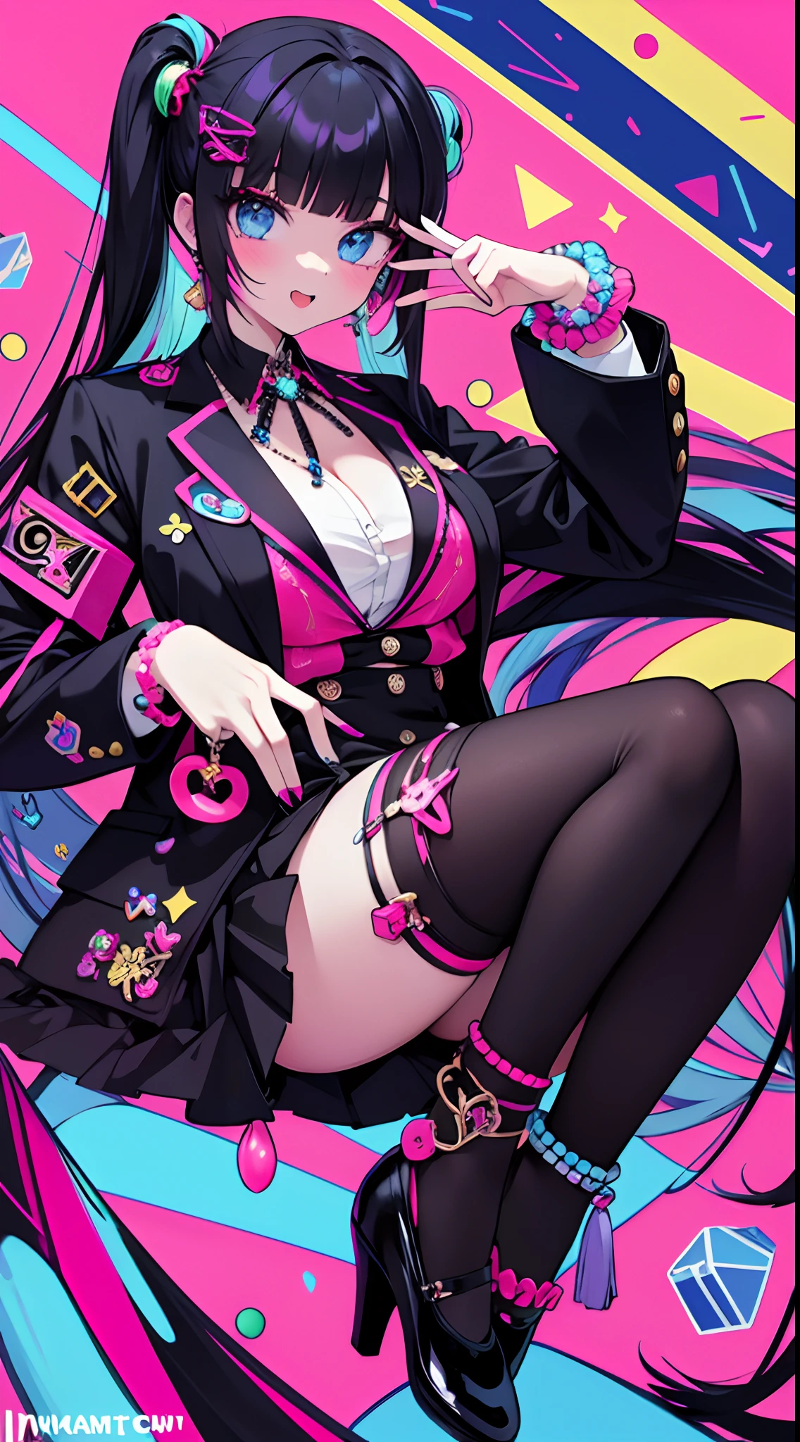 1girl, dressed in office attire but fashionable and avant garde, wears a black blazer full of colorful beads in all types of colors shapes and sizes, her skirt is black with pretty shiny tassels, wears heels with colored details and bright blue tights with beads, she wears red lipstick and heavy makeup, the setting is like a museum of modern colorful statuettes with all kind of patterns