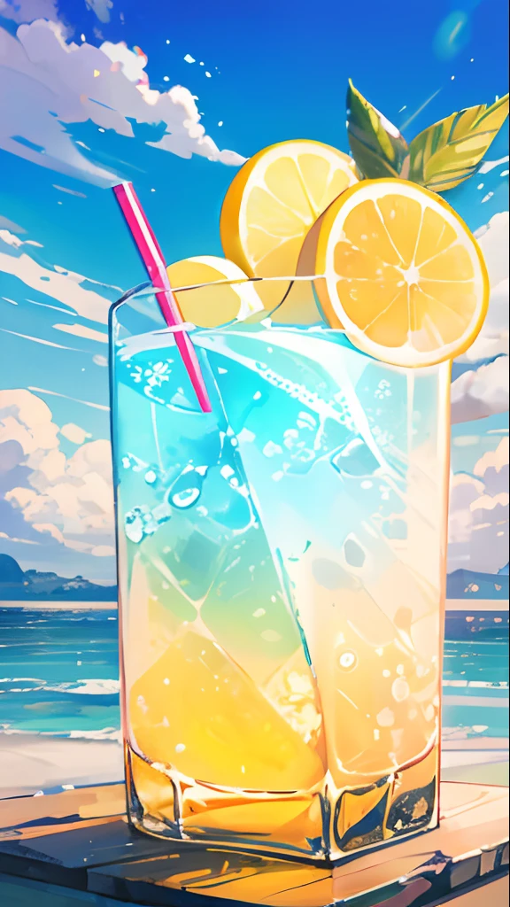 No Man, Lemonmint Drink, Yellow to Blue, Cool, Colored Straws, Ice Cubes, Green Leaves, Outdoor, Clear Blue Sky, Beautiful Clouds