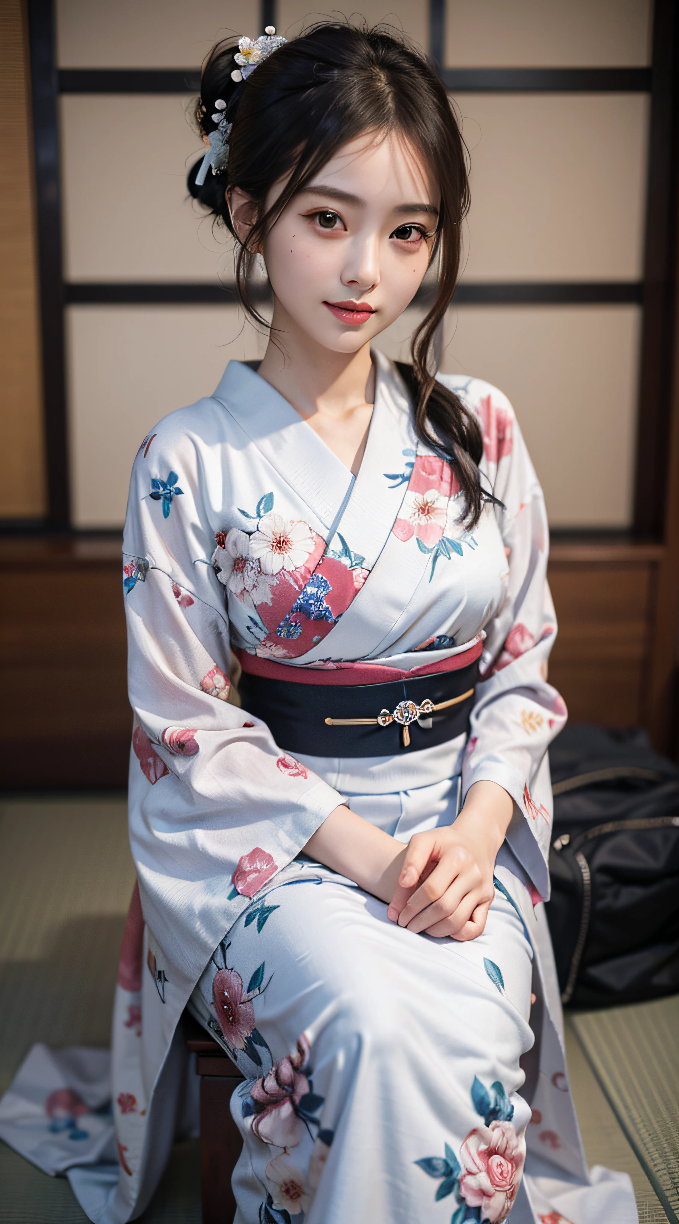 (Photorealsitic:1.4), (Top image quality:1.0), (超A high resolution:1.0), 8K, Raw photography, (masterpiece:0.2), (pureerosface_v1:0.5)、(Best Quality Detail:1.2)、realisitic、8K UHD、hight resolution、(1girl in:1.2)、The ultra-detailliert、High quality textures、intricate detailes、detaileds、Very detailed CG、High quality shadows、Detail Beautiful delicate face、Detail Beautiful delicate eyes、depth of fields、Ray traching,1girl in, japanaese girl, Cute, slender, Black kimono, Kimono with Japanese pattern,Floral scrunchie, Beautiful skin, Facing the front,Sit down, Sit upright and say thank you,Align your hands elegantly,Smile faintly The Land of Japan,Japanese garden,Luxury Japanese-style room, skyporn, Magic Hour, (Realistic:1.3), Finely detailed, quality, (masutepiece:1.2), (Photorealistic:1.2), (Best Quality), (Intricate details), Dramatic, Ray tracing, photograph, +Lola