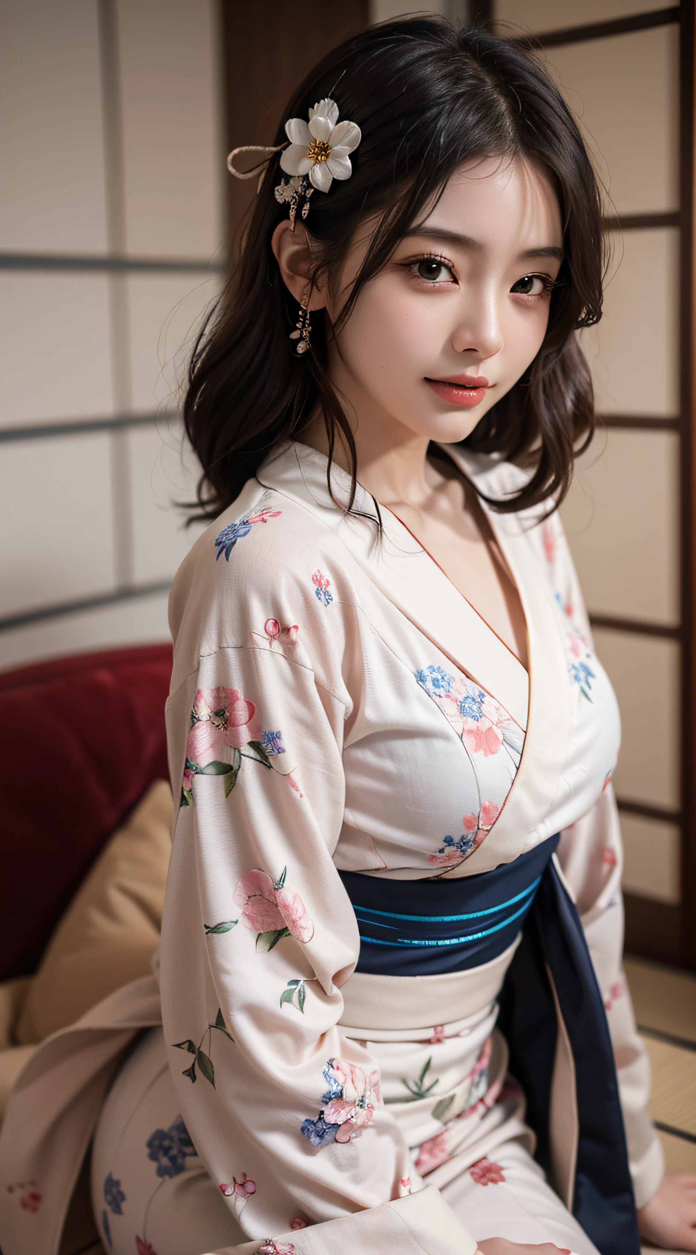 ((top-quality、masterpiece、photographrealistic:1.4、in 8K))、beautiful japanese female1a person、25years old、beautiful hairl、delicate and beautiful face、Eyes and faces with detailed 、(traditional Japanese room:1.2)、(Colossal tits:1.2)、Beautiful lighting、A smile、Textured skin、Super Detail、high detailing、High quality、hight resolution、(Sexy kimono:1.3)、bangss、full body Esbian、Underpants、Exterior light