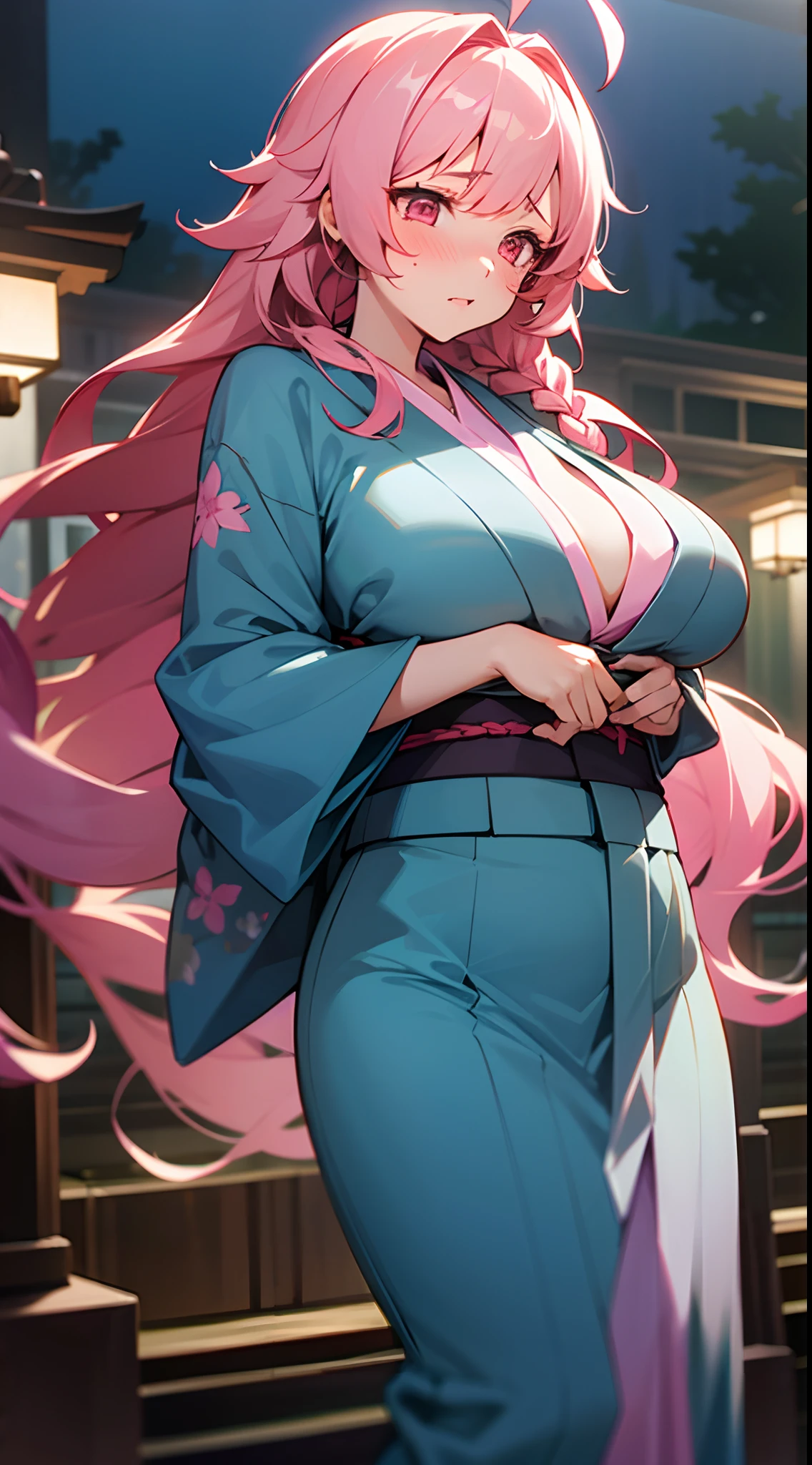 1 girl, game CG, floral blue kimono lift, gigantic breasts, pink hair, long hair, braids, princess hairstyle, ahoge, pink eyes, night, embarrassed,