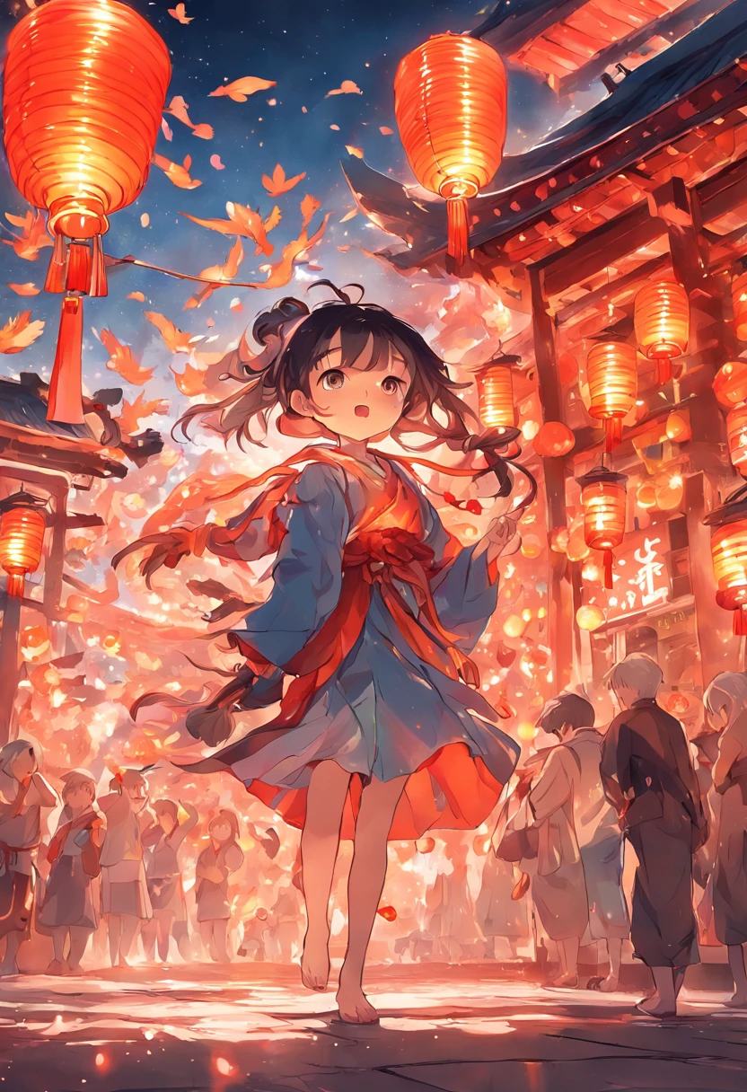 Brightly lit city, colorful lanterns, like a dream. Streets filled with sweet yuanxiao aroma, people wearing festive new clothes, bustling streets, stalls filled with all kinds of lanterns, exquisite dragon, phoenix, peacock and other animal shape lanterns, children holding small colorful lanterns in their hands, jumping and dancing in the joyful music,niji journey,style cute, --ar 9:16 50 --niji 5 --s 2