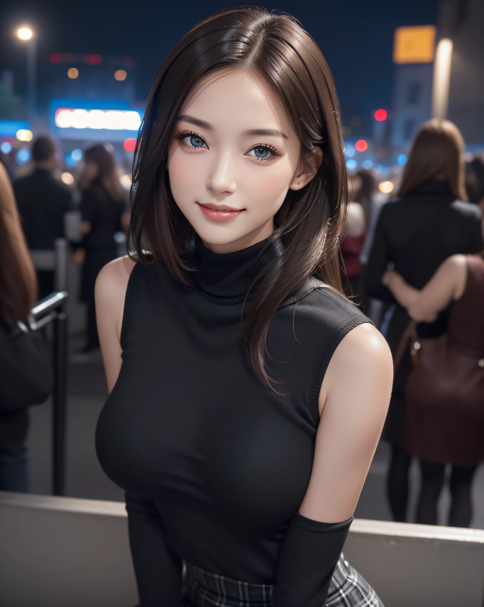 A woman standing on a crowded street in Tokyo, Traffic jam on a rainy night, masterpiece, RAW Photos, Written boundary depth, Bokeh, (Front light:1.2), (Backlight:0.75), (Subsidy light:0.9), neon, chromatic aberration, (Lens flare:1.2), 8k, Genuine, green,(head shot:1.5)