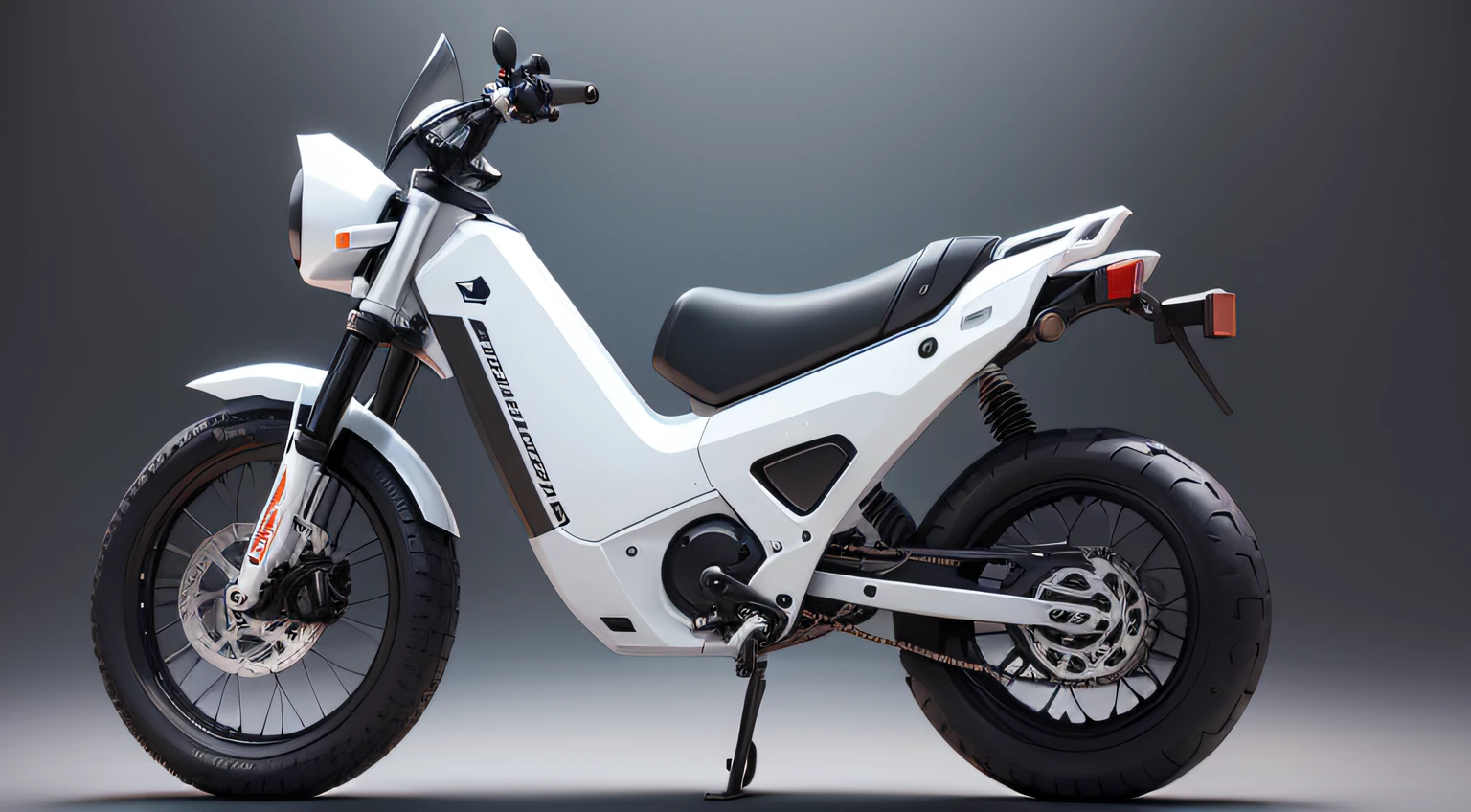 Small，The white，Lightweight，Mountain electric motorcycle，Black seat cushion，Simple structure，20-inch black tires，High quality，High detail，Side photo，crisp smooth lines，hd render，Ultra-realistic rendering，extreme render