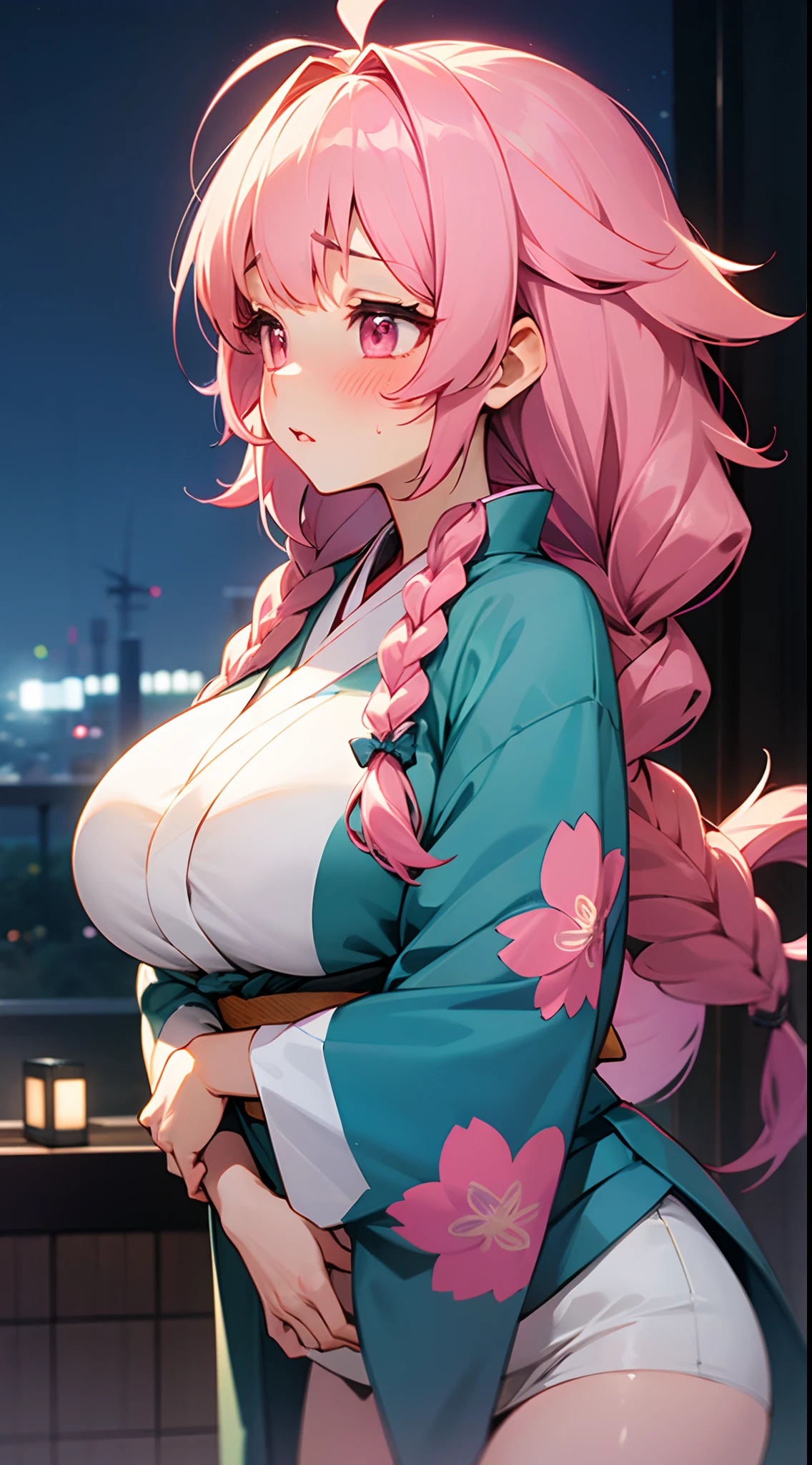 1 girl, game CG, floral blue kimono, shoulders and cleavage visible, white panties, gigantic breasts, pink hair, long hair, braids, princess hairstyle, ahoge, pink eyes, night, drunk, blush, lie down,