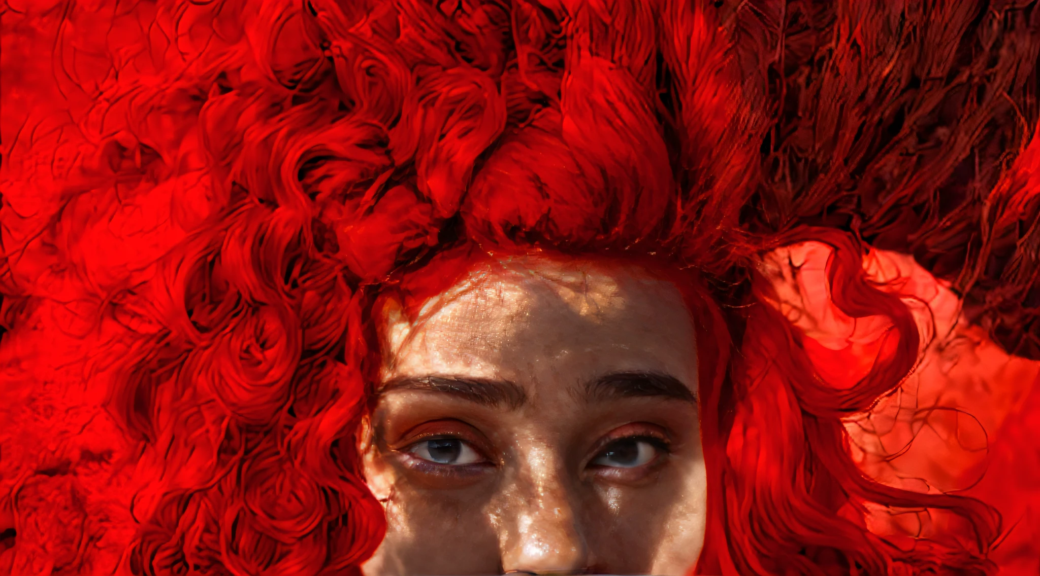 There is a woman with red hair and a blue shirt, with curly red hair, Curly red hair, Curly copper-colored hair, with curly red hair, High color texture, red hair and attractive features, with curly red hair, Red-haired woman, Long red curly hair, Feather-like red hair, wavy vibrant red hair, Flowing red hair, red haired goddess