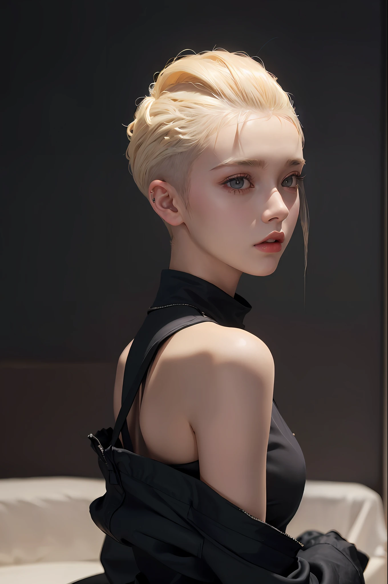 a 20 yo woman, blonde, (hi-top fade:1.3), dark theme, soothing tones, muted colors, high contrast, (natural skin texture, hyperrealism, soft light, sharp)