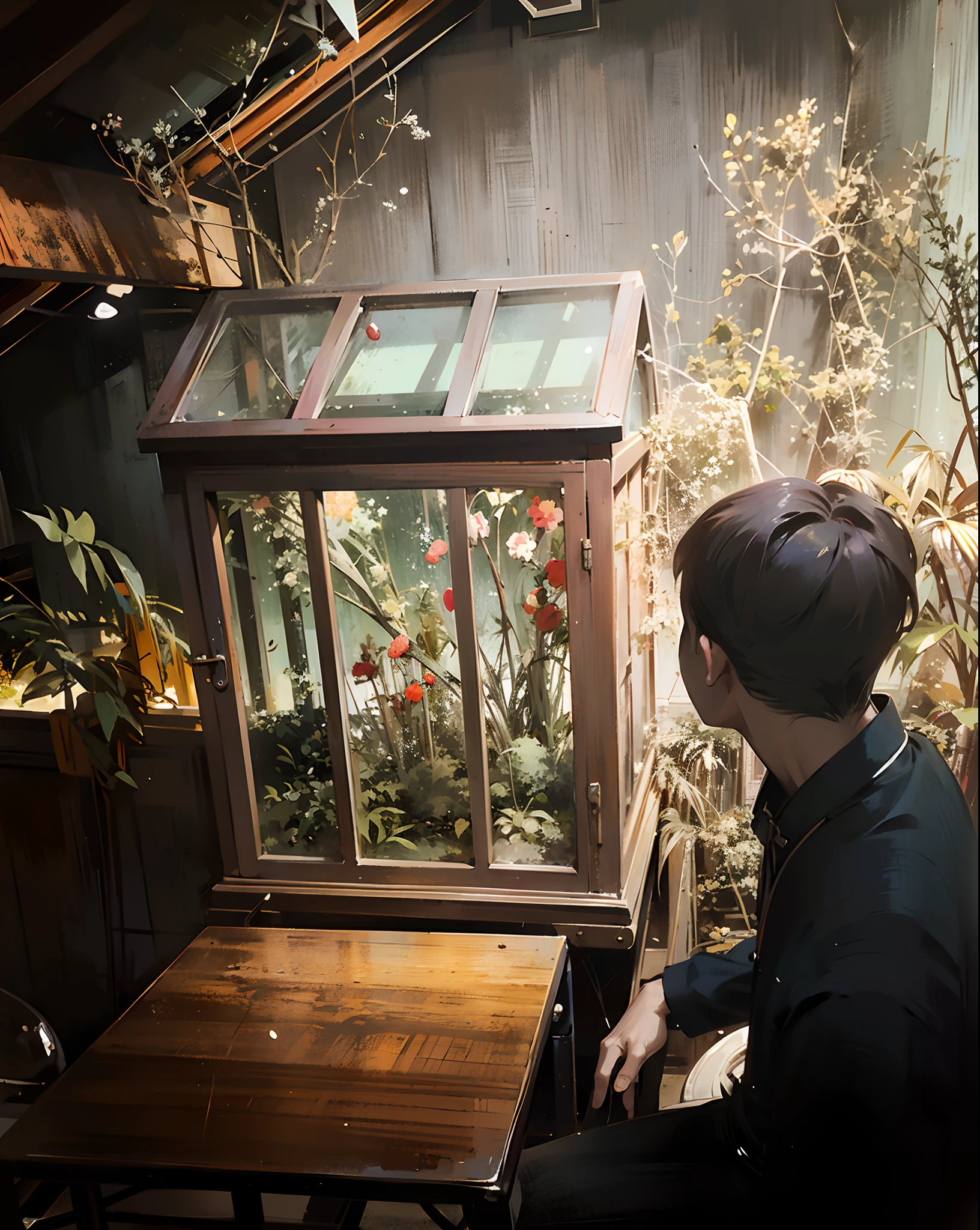 there is a man sitting at a table with a window in the background, nostalgic atmosphere, aesthetic shot, looked at big window, chinese artist, photoshoot, looks realistic, the most beautiful scene, realistic shot, realistic scene, theophanic atmospheric vivarium, feeling the nature, realistic masterpiece, by Ni Yuanlu, cai xukun