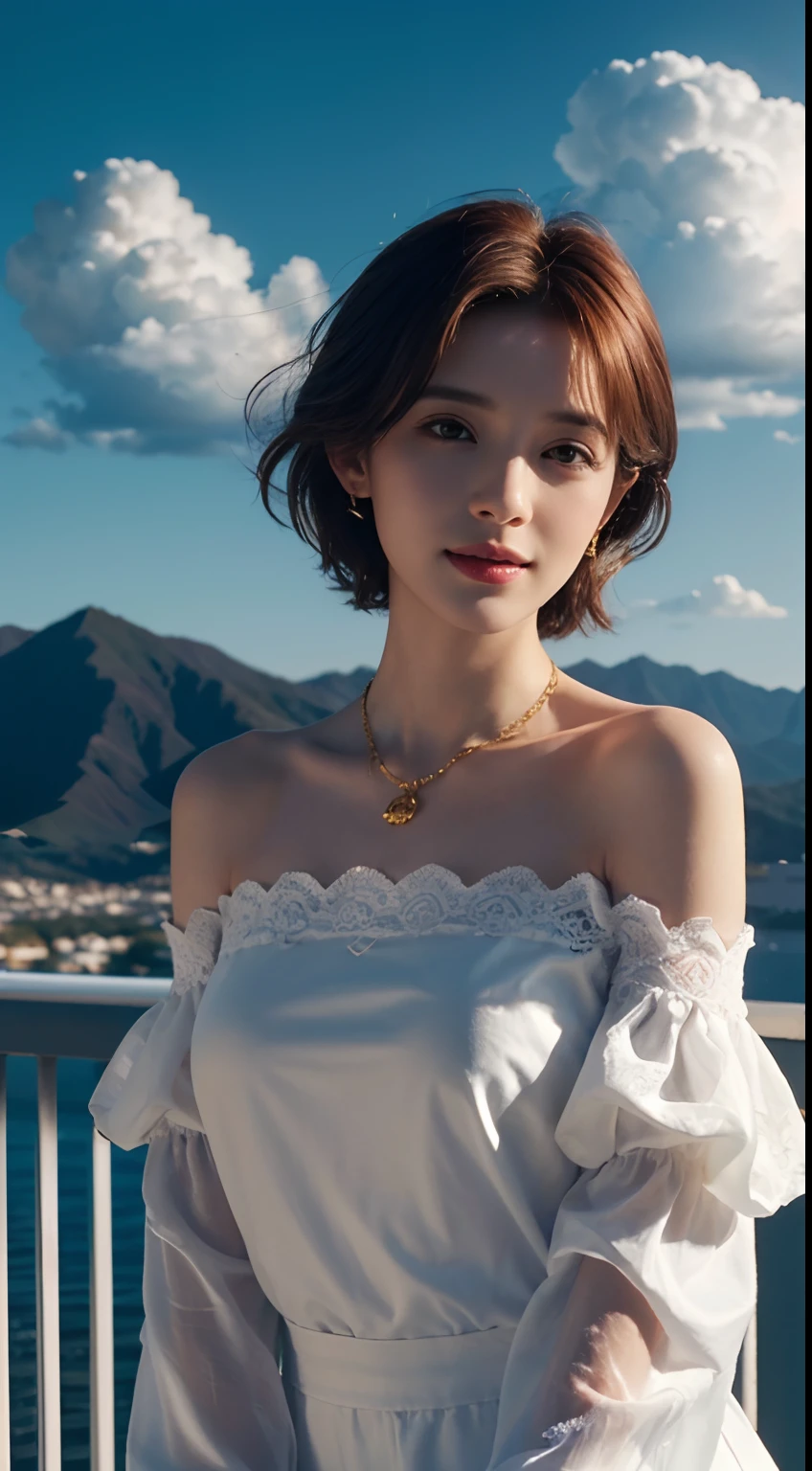 Realism, Surrealist painting, photorealistic realism, (very detailed 8k wallpapers), (extremely delicate and beautiful), (masterpiece), (best quality: 1.5), (ultra resolution: 1.3), detailed skin, ultra-detailed, (short wave hair:1.2), smile, red_hair, breeze, diamond_necklace, full_body, white_off_the_shoulder_shirt_ with_bobo_sleeves, gold_lace, (mountain_top: 1.6), (colorful_clouds), realistic shadows,