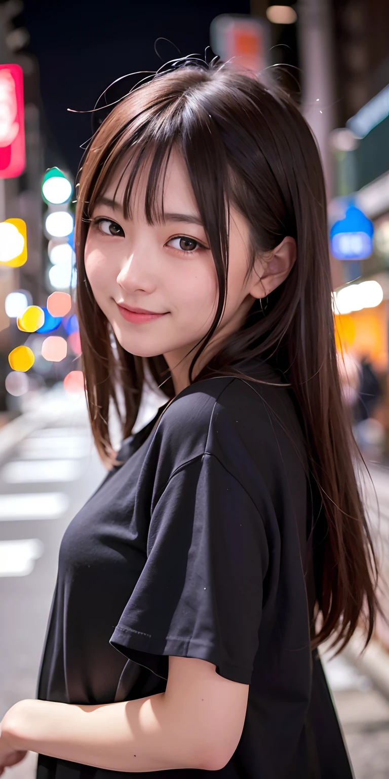 1 Girl, Tokyo Street,night, Streetscape,City lights,Upper Body,close,smile,, (8K, Raw photo, highest quality, masterpiece:1.2),(Realistic, photo-Realistic:1.37),