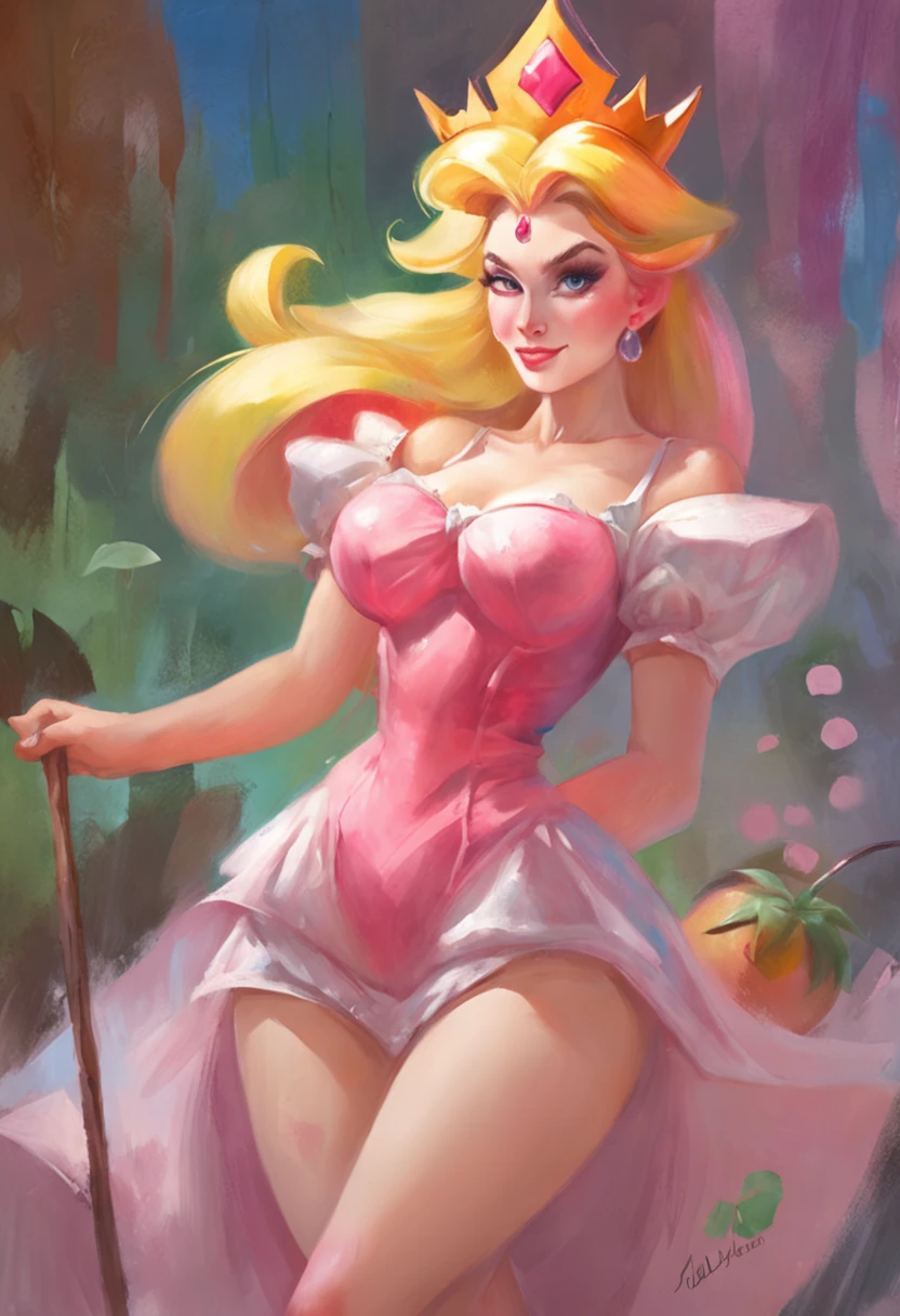 (Princess Peach:1.5),(sexy maid:1.2),(magical forest:1.2),(cutesexyrobutts:1.2),(RossDraw 2.5:1.1),(KDA:1.1),(WLOP:1.1),(Sakimichan:1.1),(watercolor:1.2)