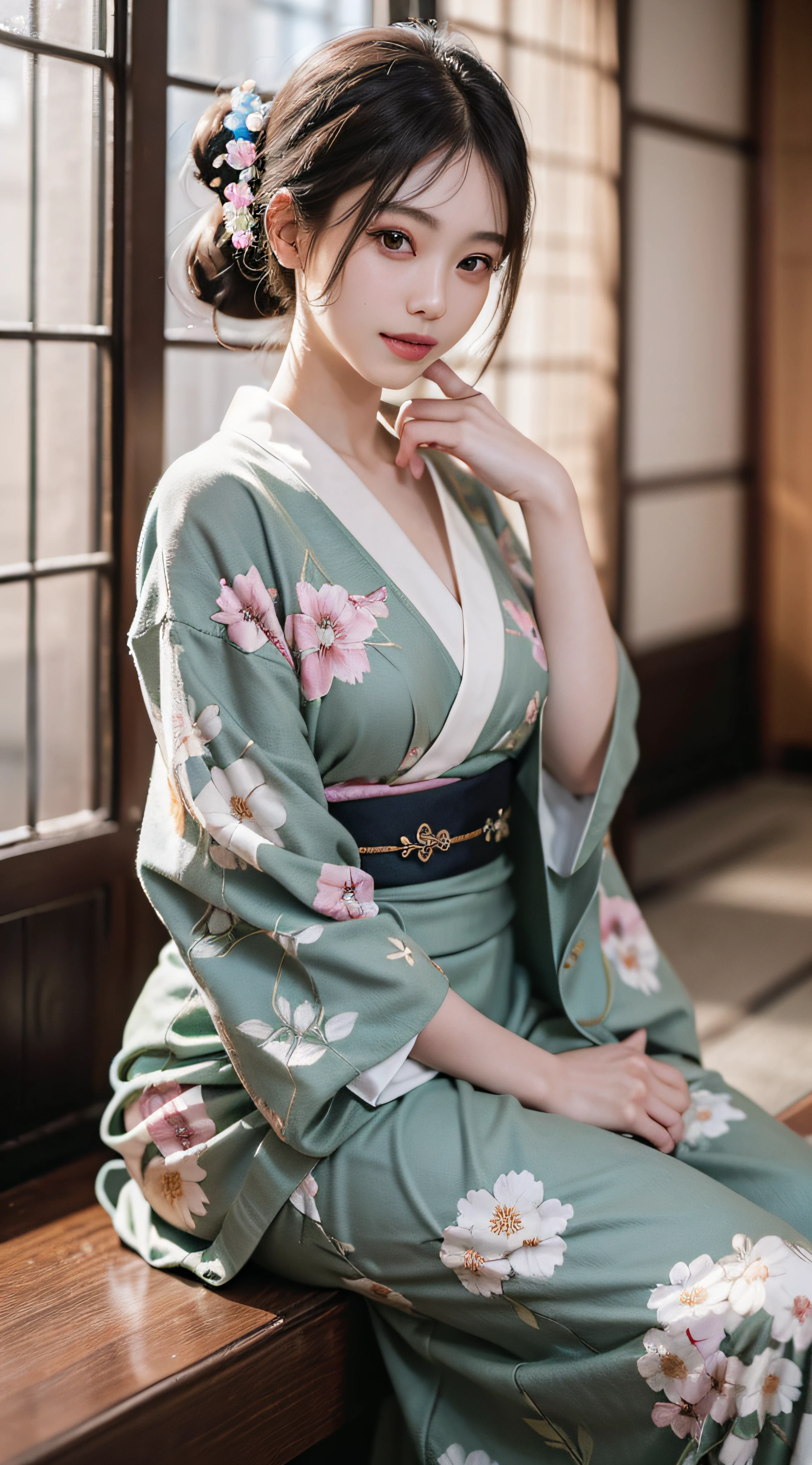 In a mystical setting, a woman radiates enchantment in the elven beauty of a green kimono. The verdant green fabric, adorned with ethereal patterns, gracefully envelops her figure, creating a harmonious blend of nature's hues. The obi ties elegantly around her waist, enhancing the allure of the traditional ensemble. In this fully-covered attire, she embodies an air of otherworldly grace, capturing the timeless beauty of an elf in a captivating green kimono amidst the magical surroundings.