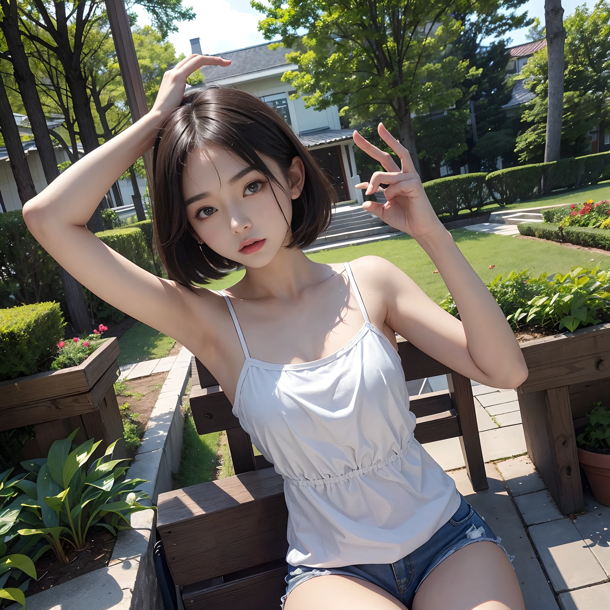 top-quality、超A high resolution、(Photorealsitic:1.4)、1girl in、独奏、cleanness、(black hair short cut)、(huge-breasted:1.2)、looking at the viewers、a closeup、cute little、Realistic Girl、18year old、japanes、Black eye、natural soft light、slim figure、White skirt with floral pattern、Sea of the Philippines、