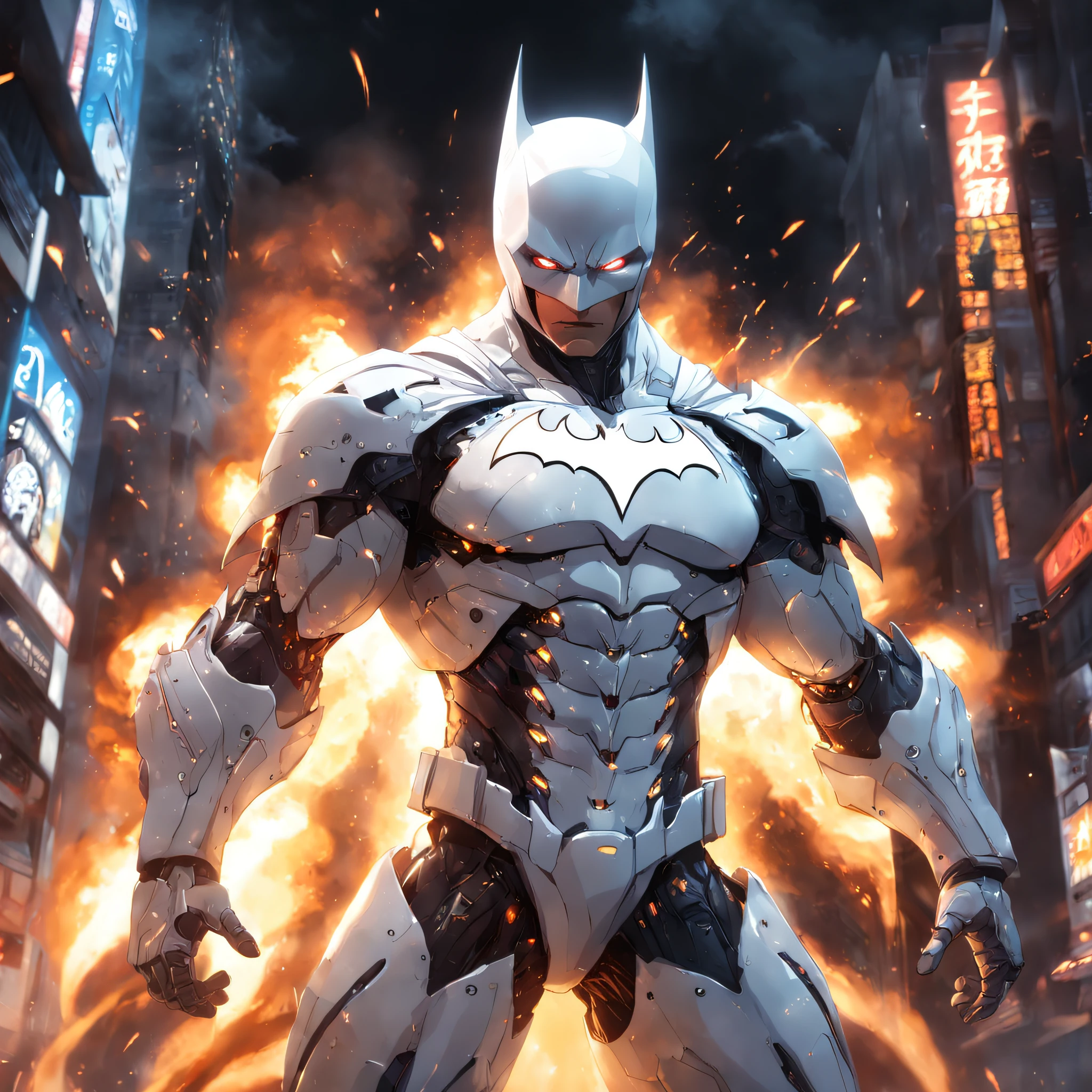 A realistic white batman in an advanced cybernetic suit, armadura de porcelana, hiper realista, on the battlefield in the midst of smoke and flames