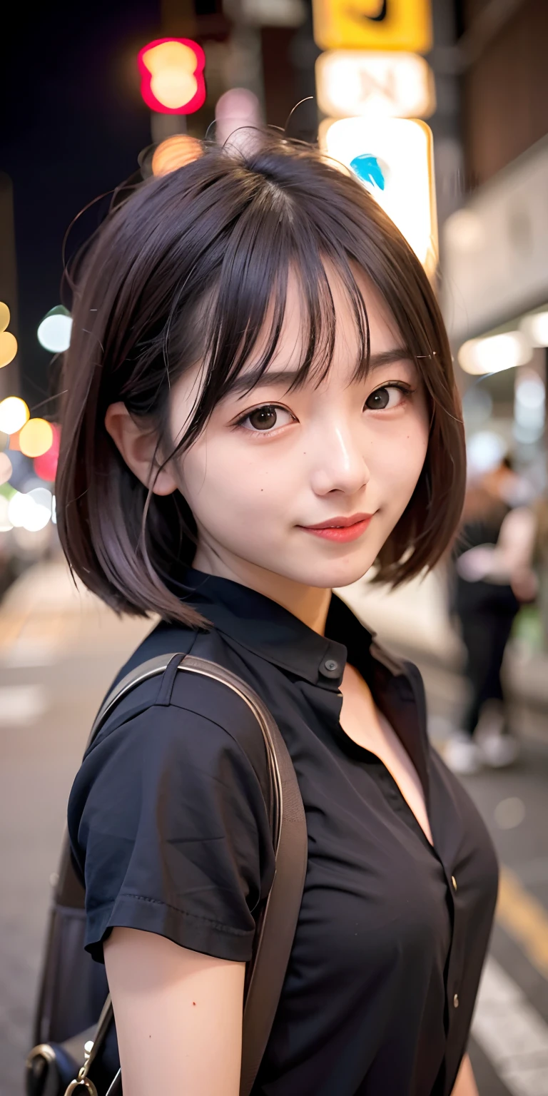 1 girl, Tokyo street, night, cityscape, city lights, upper body, close-up, blouse, smile, (8k, RAW photo, top quality, masterpiece: 1.2), (real, photoreal: 1.37),