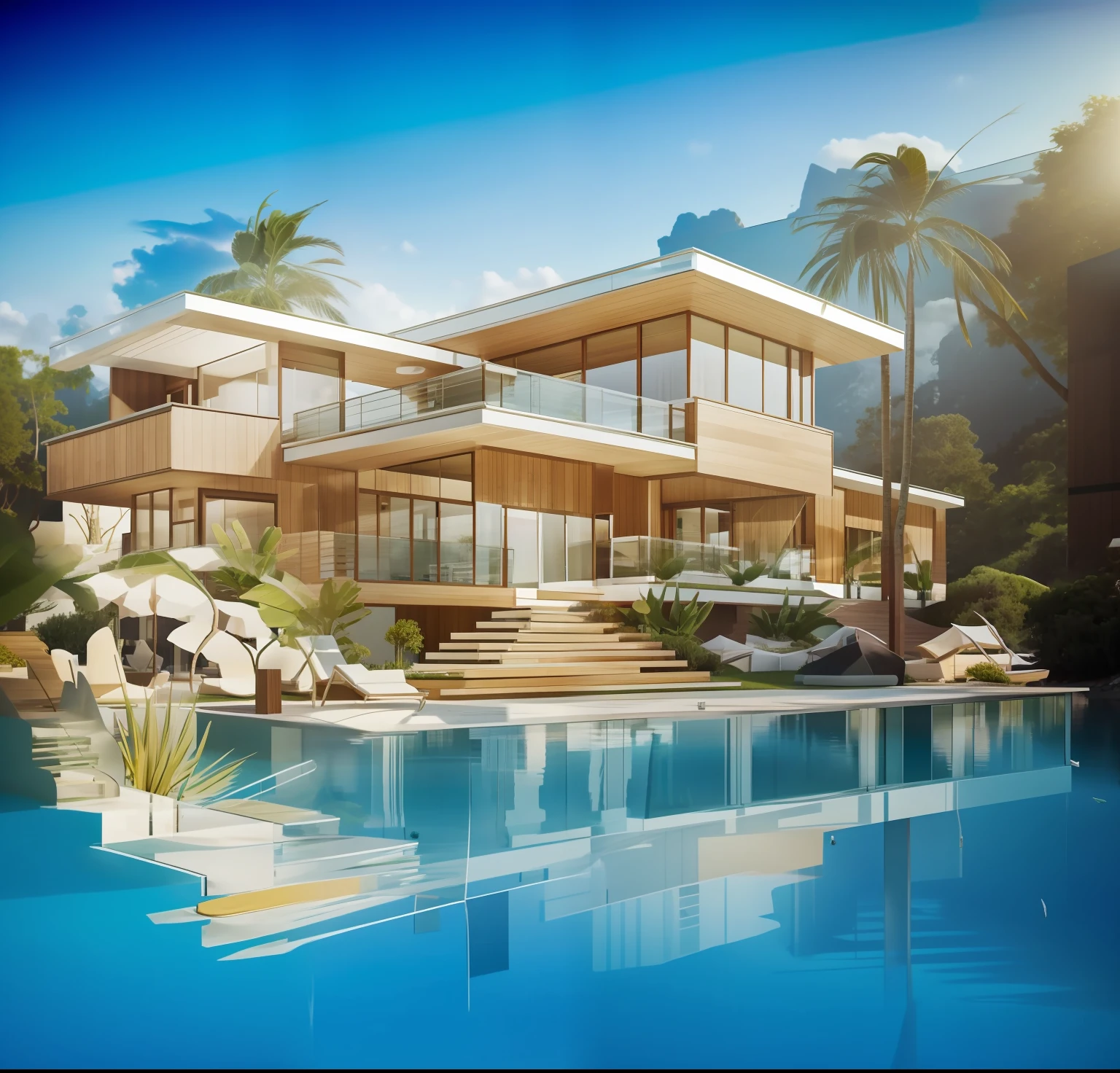 Modernist resort: Constructed with wood and glass, located by the seaside, fostering a natural and comfortable atmosphere. On clear days, the seawater and sunlight surrounding the resort offer a feeling of relaxation and comfort.