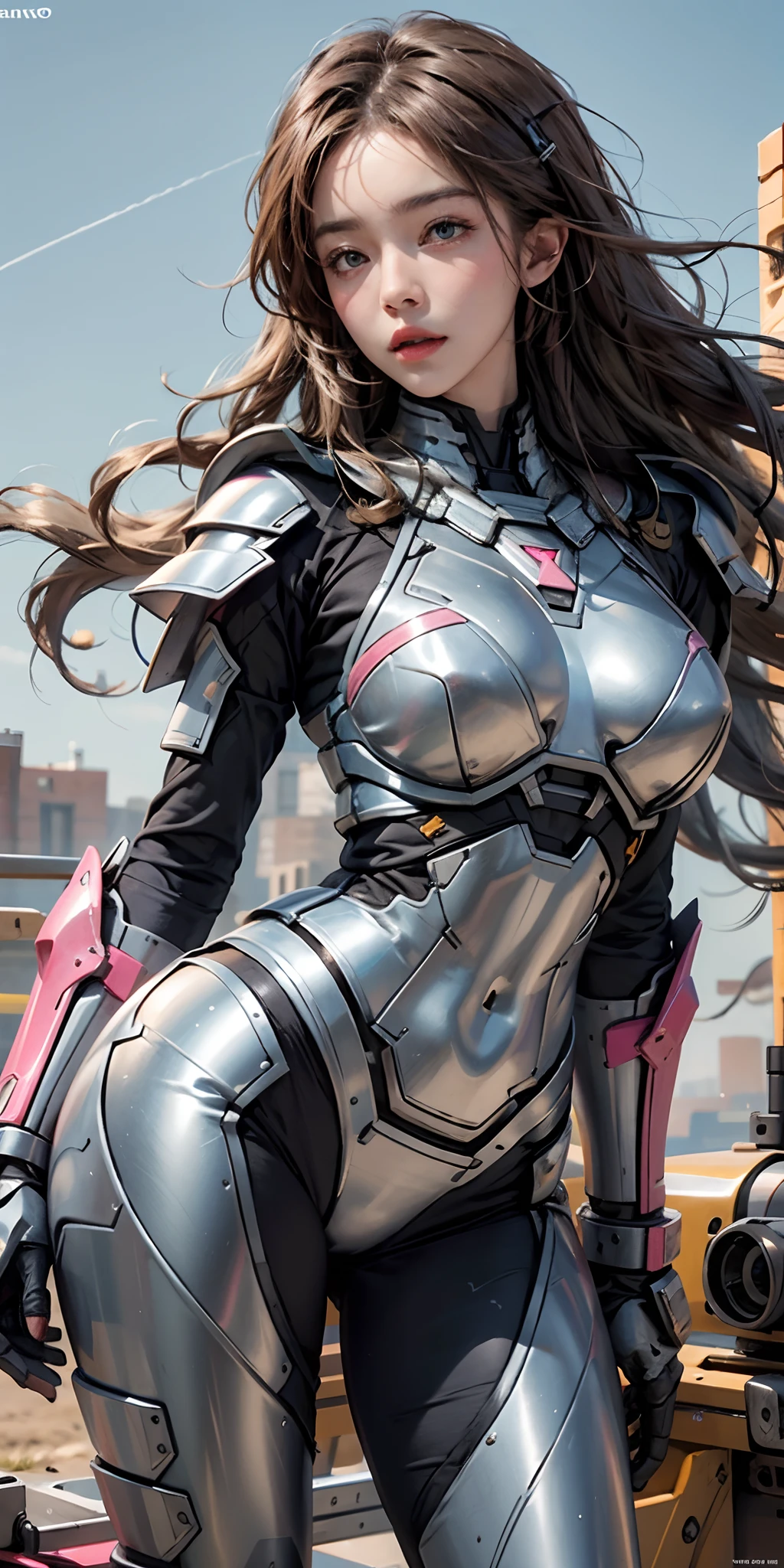 photorealistic, high resolution, soft light,1women, solo, hips up, (detailed face),blue sky, pink mecha armor, mechanic part