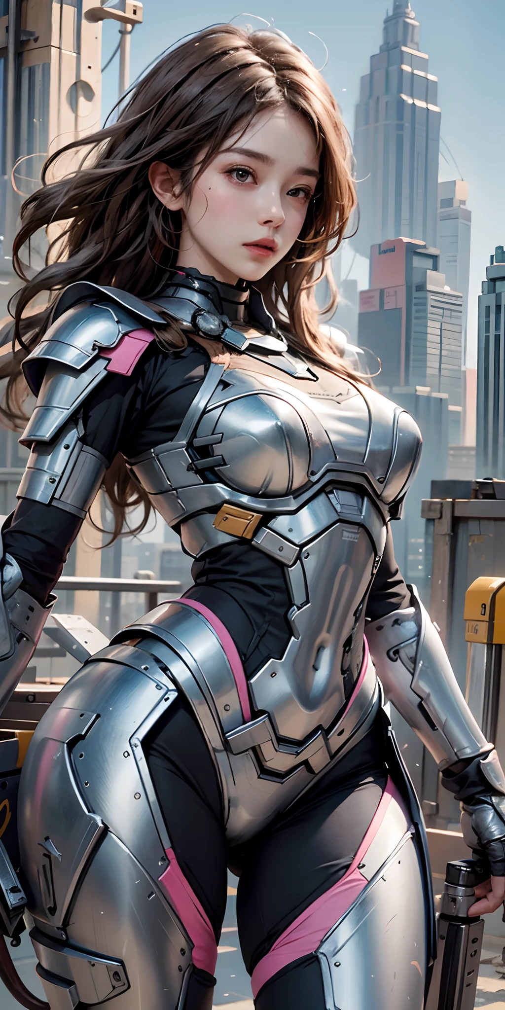 ((best quality)), ((masterpiece)), (detailed), 1girl, armor suit,Mecha, cute girl, background .Futuristic ,.Two finger hand pose 