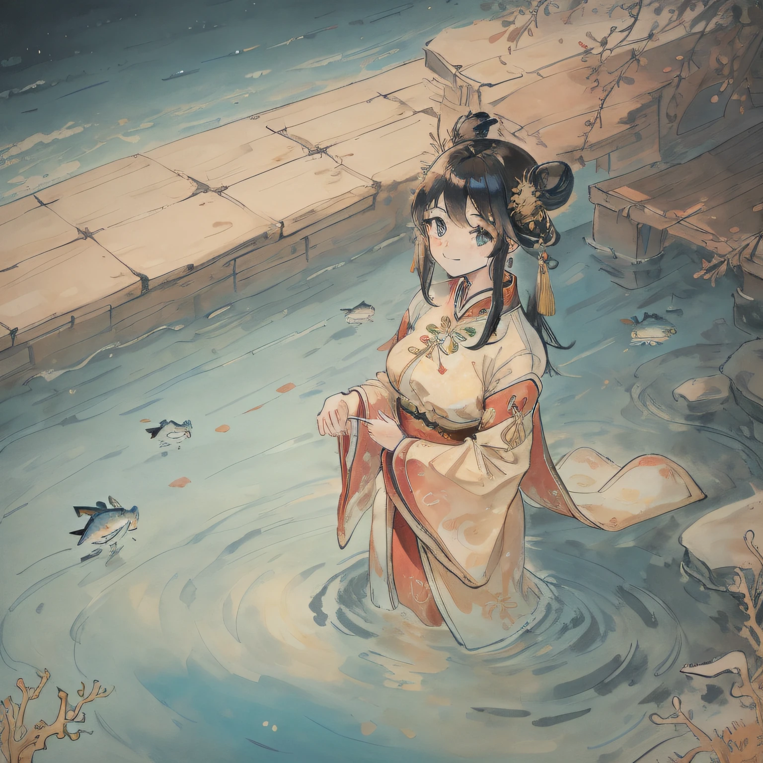 {{masterpiece}}, {best quality}, extremely detailed CG unity 8k wallpaper, highly detailed, extremely detailed, dramatic angle, {1girl:2}, {{solo}}, {full body:2}, {{{beautiful detailed eyes}}}, {{{beautiful detailed face}}}, {{{cute face}}}, {smile:1.3}, {black hair:5}, {{long hair}}, {{flowing hair:1.3}}, {{cone hair bun}}, {gorgeous hanfu:4}, {{black hanfu}}, {{hidden hand}}, Long sleeve, {{{sleeves past wrists}}}, {antlers:4}, {{gold hair stick}}, {{gold hair ornament}}, {{gold gorgeous necklace}}, {{gold lace}} , {{gold tassel}}, {{medium breast}}, {under water:2}, stream , {{wet}}, wet clothes, {{standing}}, ocean bottom, sea beds, beautiful and detailed bubbles, beautiful and detailed oceans, beautiful and detailed water, beautiful and detailed corals, gravels, {top-down light}, {dim light}, lighting, dream like benthos, transparent fish, Pearl, gemstone, seaweed
Optional(buliding):
, palace, {{ancient Chinese cityscape}}, {{ancient Chinese palace}}, {east Asian architecture:1.2}