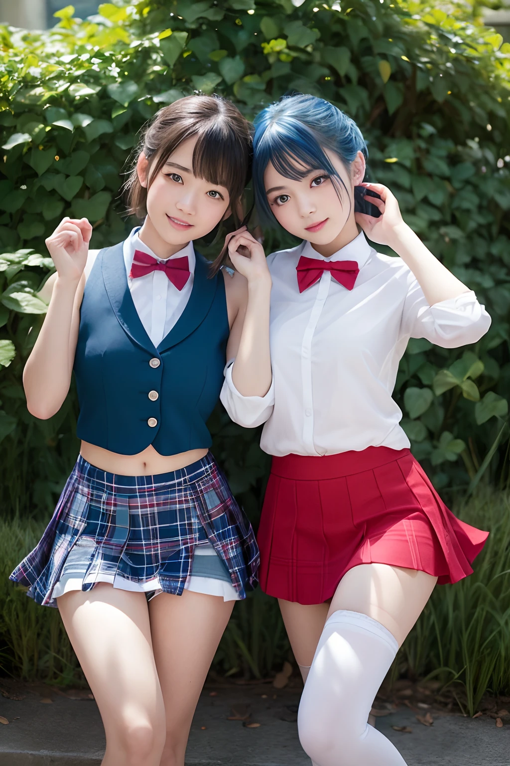 ((Two girls,duo,Face focus,stroking,Postural collar))"Beautiful female characters in anime style、navel,Short blue hair、eBlue eyes、A smile、blazers、white  shirt、red bowtie、red plaid skirt、Figures in black stockings、Bouquet in hand、Scene of dancing in a summer garden。With high-quality depictions and the highest quality、emphasizing thighs、In the bright sun、The whole body glows、Paint a gorgeous picture。"The background is pure， A high resolution， the detail， RAW photogr， Sharp Re， Nikon D850 Film Stock Photo by Jefferies Lee 4 Kodak Portra 400 Camera F1.6 shots, Rich colors, ultra-realistic vivid textures, Dramatic lighting, Unreal Engine Art Station Trend, cinestir 800，
(Photo by Canon EOS R6, 85 mm, 1/1250, f/2.0, ISO 400)、extra detailed body、extra detailed face、best qualtiy:1.2)