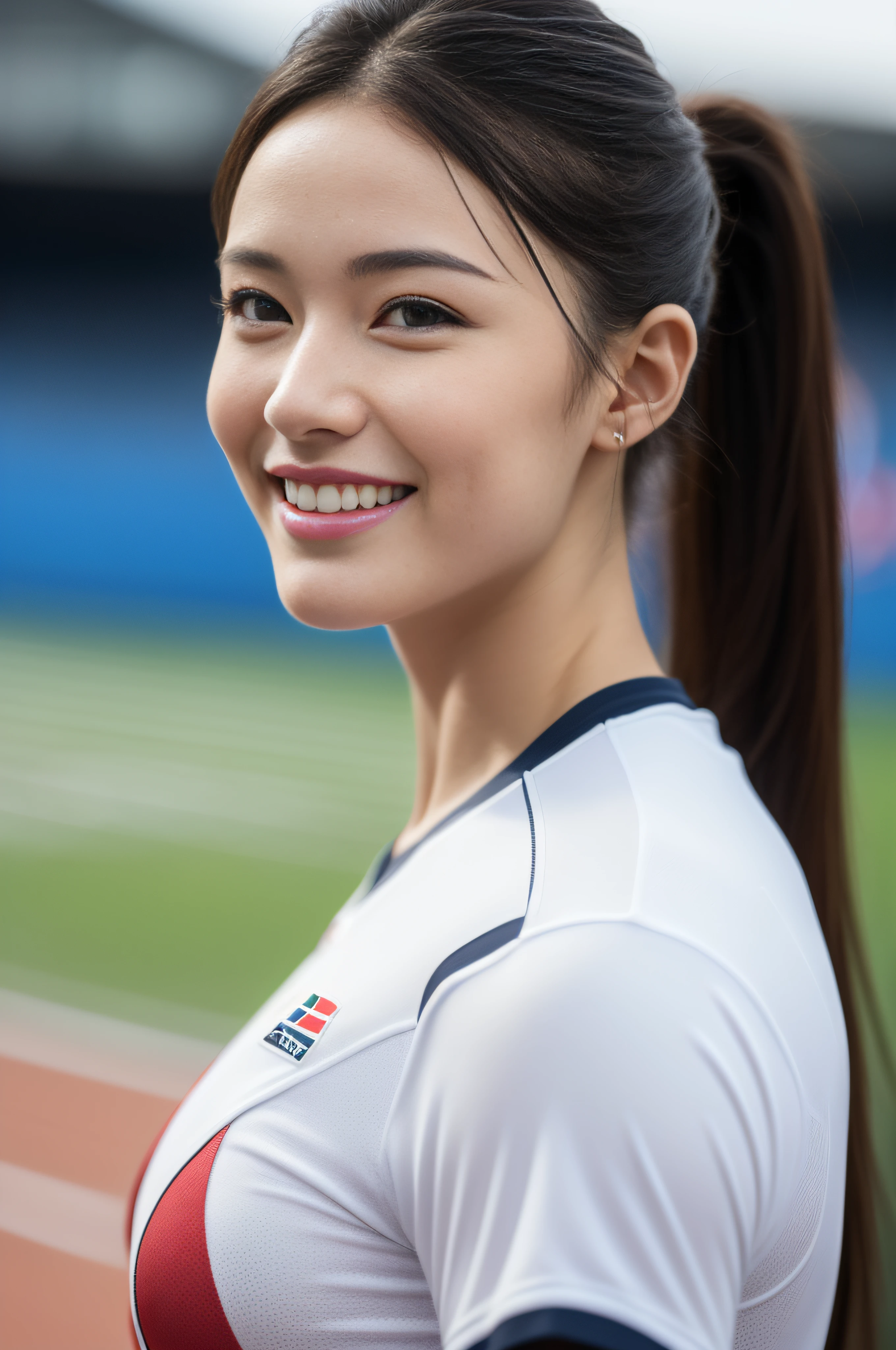 (((full bodyesbian)))、japanese beauty girl、two shot、(((track and field uniform)))、((Shoulder-length black hair))、((Short ponytail))、Two people posing、hairarmpits、Perfect style、beauty legs、kawaii、((Track & Field Athletes Women))、(((1人)))、((stadium))、Transcendent cute、A slight smil、Beautiful breasts、full bodyesbian、athletic field、((Outstanding style))、((Healthy body))、 Photorealsitic、Beautiful detailed eyes、Hyper-Realism、highcontrast、Ultra HD、realistic skin textures、Top image quality、top-quality、超A high resolution、Fine details、Very meticulously