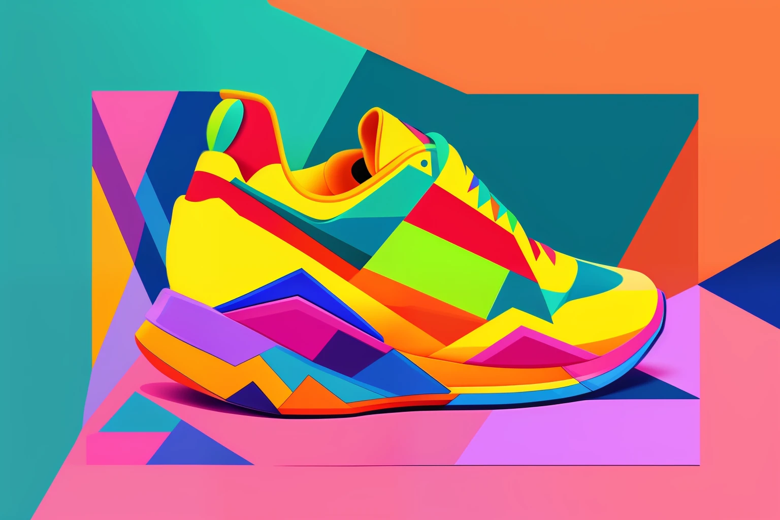 Brightly colored sneakers with geometric design on colorful background, Sneaker design, 9 0 s Colors and shapes, Made with Illustrator, Basketball shoe concept art, Made in Adobe Illustrator, Multicolored vector art, Surreal flat color, Futuristic sneakers, inspired by Okuda Gensō, Adobe Illustrator art, posterized color, in digital illustration style