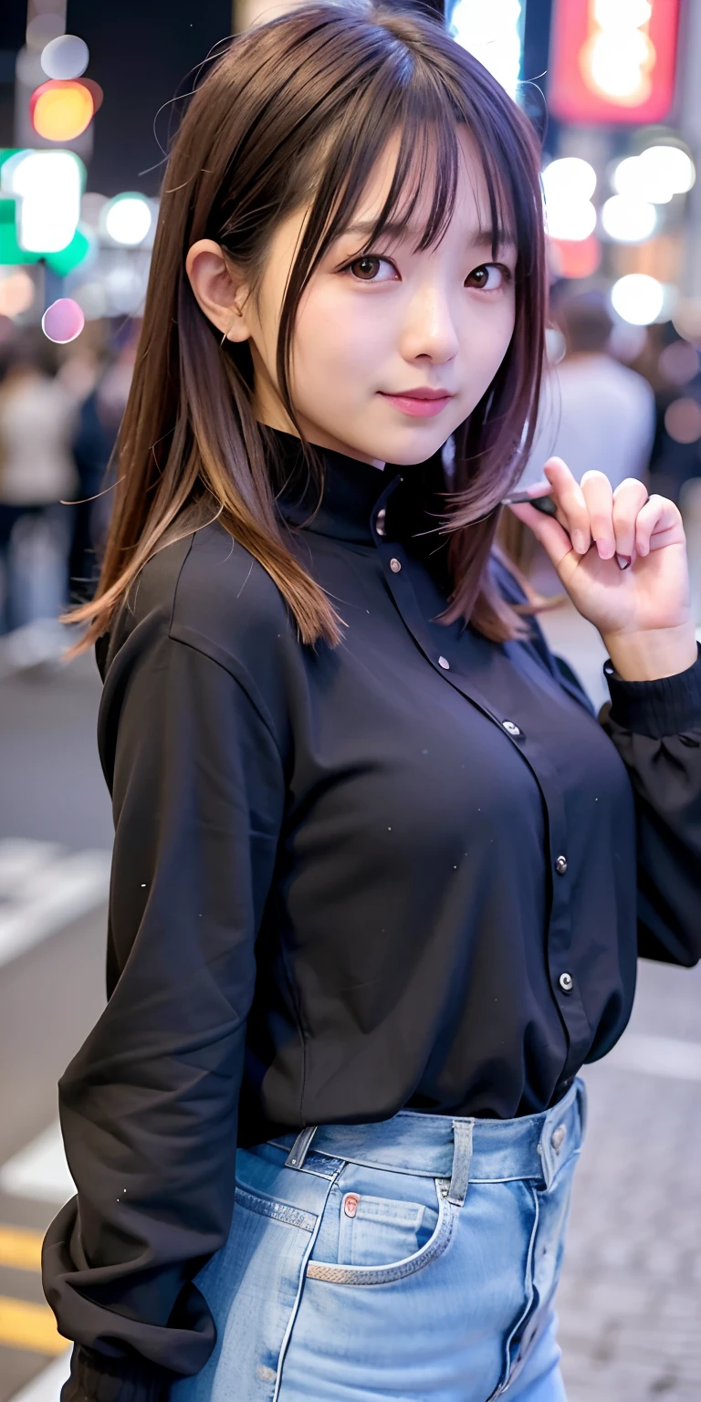 1 girl, Tokyo street, night, cityscape, city lights, upper body, close-up, blouse, smile, (8k, RAW photo, top quality, masterpiece: 1.2), (real, photoreal: 1.37),