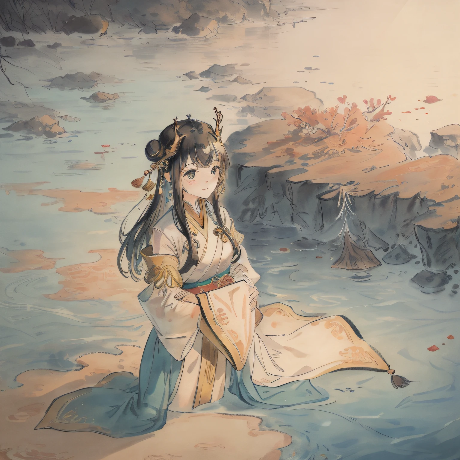 {{masterpiece}}, {best quality}, extremely detailed CG unity 8k wallpaper, highly detailed, extremely detailed, dramatic angle, {1girl:2}, {{solo}}, {full body:2}, {{{beautiful detailed eyes}}}, {{{beautiful detailed face}}}, {{{cute face}}}, {smile:1.3}, {black hair:5}, {{long hair}}, {{flowing hair:1.3}}, {{cone hair bun}}, {gorgeous hanfu:4}, {{black hanfu}}, {{hidden hand}}, Long sleeve, {{{sleeves past wrists}}}, {antlers:4}, {{gold hair stick}}, {{gold hair ornament}}, {{gold gorgeous necklace}}, {{gold lace}} , {{gold tassel}}, {{medium breast}}, {under water:2}, stream , {{wet}}, wet clothes, {{standing}}, ocean bottom, sea beds, beautiful and detailed bubbles, beautiful and detailed oceans, beautiful and detailed water, beautiful and detailed corals, gravels, {top-down light}, {dim light}, lighting, dream like benthos, transparent fish, Pearl, gemstone, seaweed

Optional(buliding)：
, palace, {{ancient Chinese cityscape}}, {{ancient Chinese palace}}, {east Asian architecture:1.2}