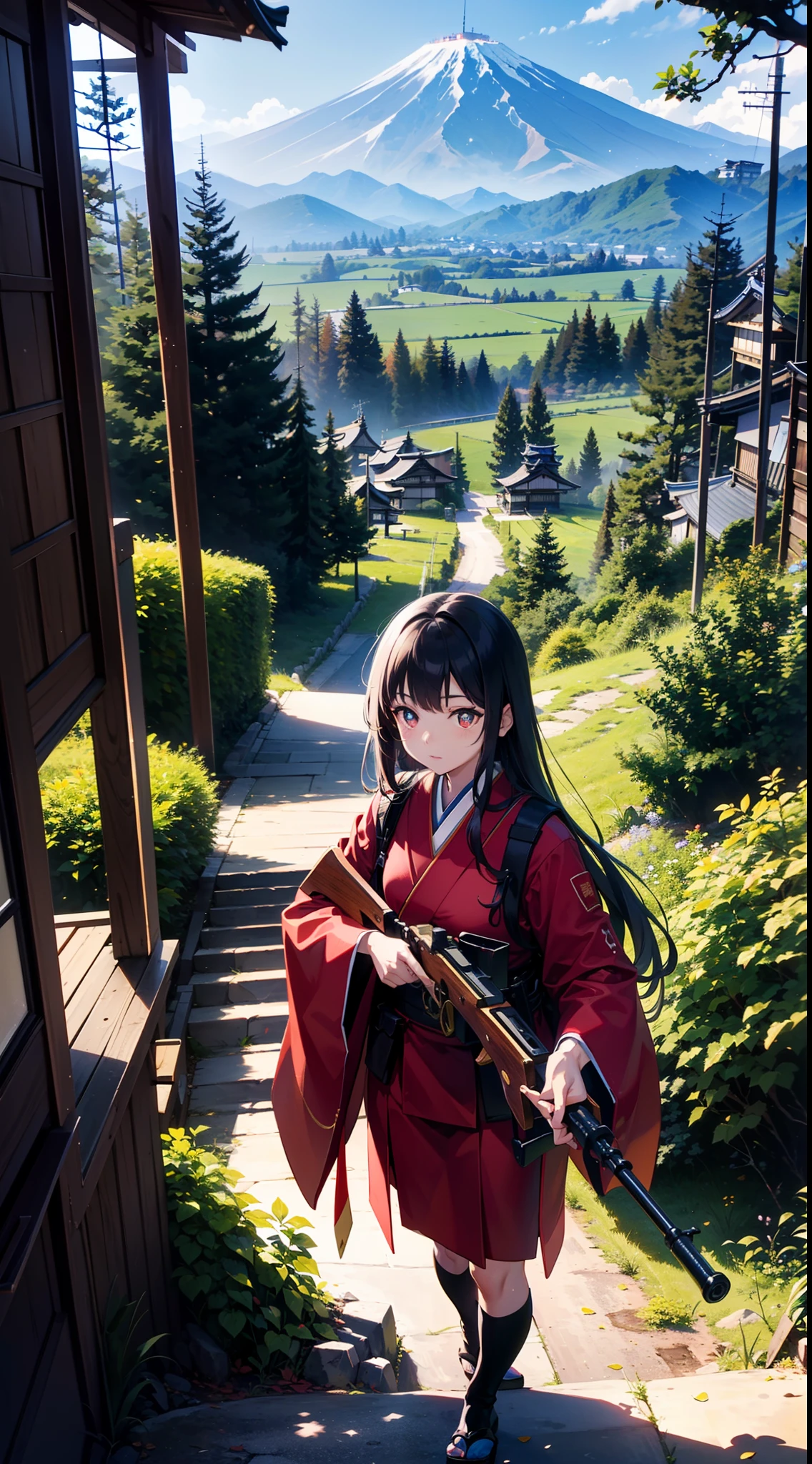 (Beautiful wallpapers)，Kizi，long whitr hair，red pupils，(Japan Empire)，Japanese military uniform，New World Order，Germanic period，(Japanese Defense Forces)，(Rural background of forest)，(With a wooden rifle)，