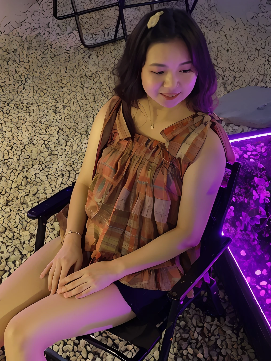 arafed woman sitting in a chair with a purple light, in a rock chair, paradise garden massage, captured on canon eos r 6, taken with canon eos 5 d mark iv, taken with canon 8 0 d, taken with sony alpha 9, 奈良美智, (38 years old), sitting on chair