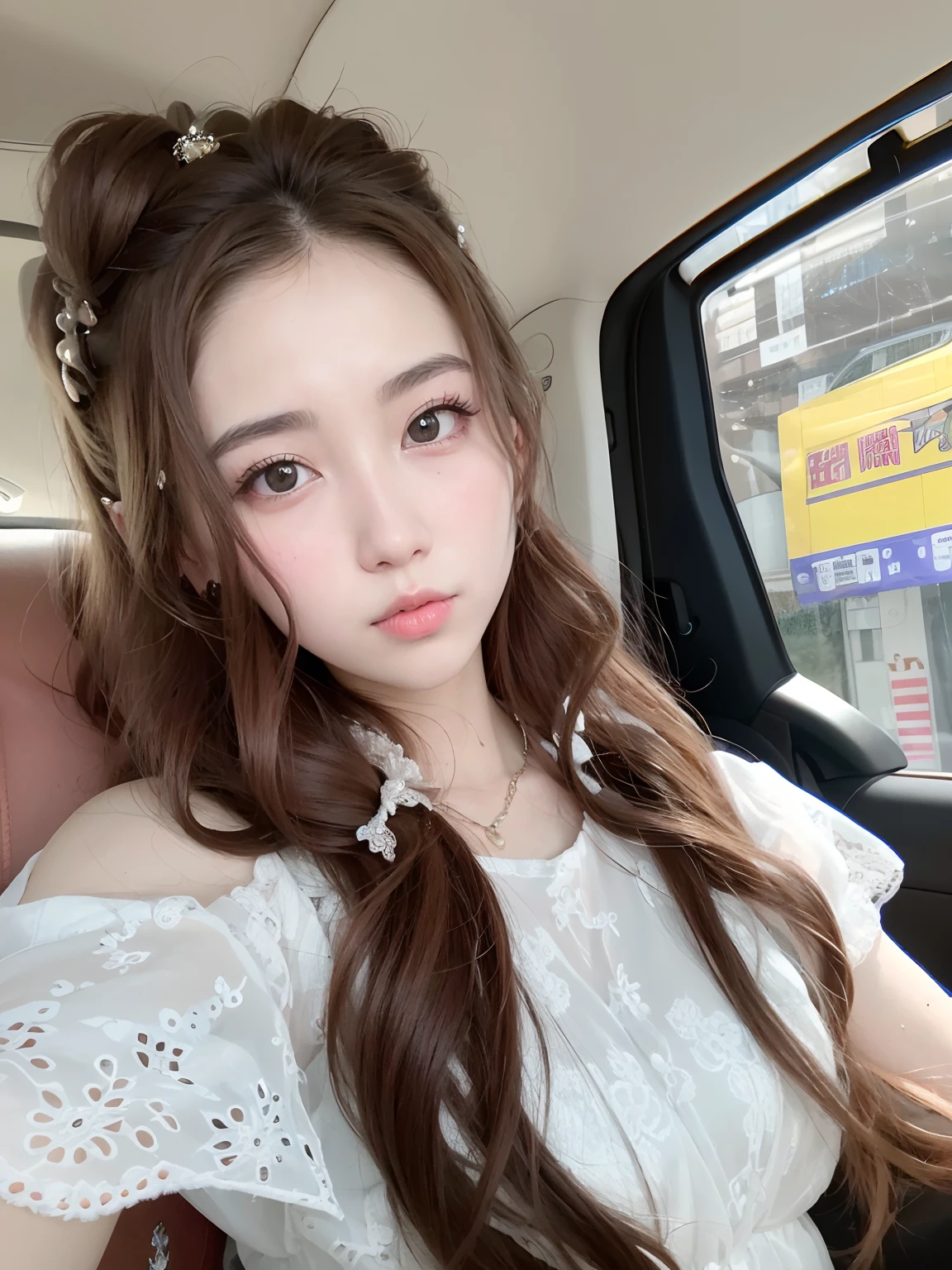 there is a woman sitting in a car with a cell phone, dilraba dilmurat, sakimichan, 8k selfie photograph, loong, xintong chen, belle delphine, girl cute-fine-face, young cute wan asian face, ulzzang, ruan jia beautiful!, 1 8 yo, with cute - fine - face