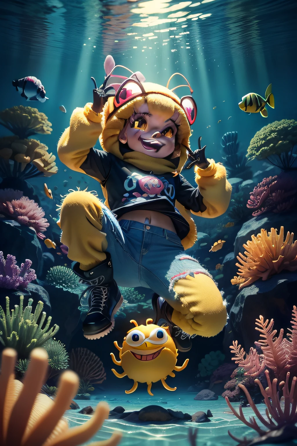 Cute 3d tarantula, cheerfulness, Ultra photo realsisim, Live color, Focus on character,Create a furry SpongeBob SquarePants monster, Jeans and rubber boots, The background is underwater landscape with small funny fish, Realistic fish,34k