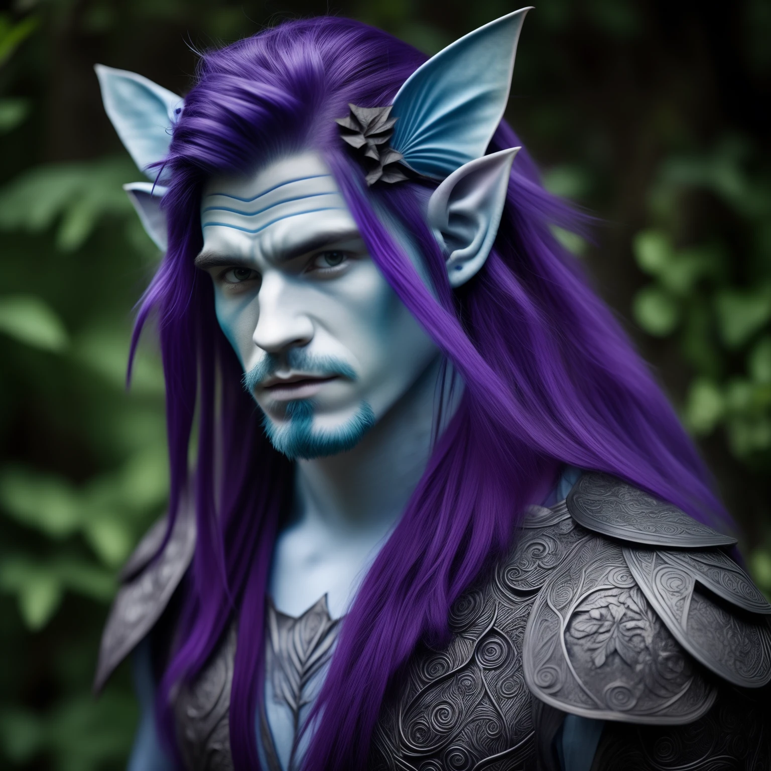 One plant monster humanoid male , blue plant skin , blue skin , orchid hair of purple color , purple hair , straight hair , blue leafed face , Blue face , without a beard , blue leaf ears , leaf ears , elf ears , zoom on the face , wearing black tunic