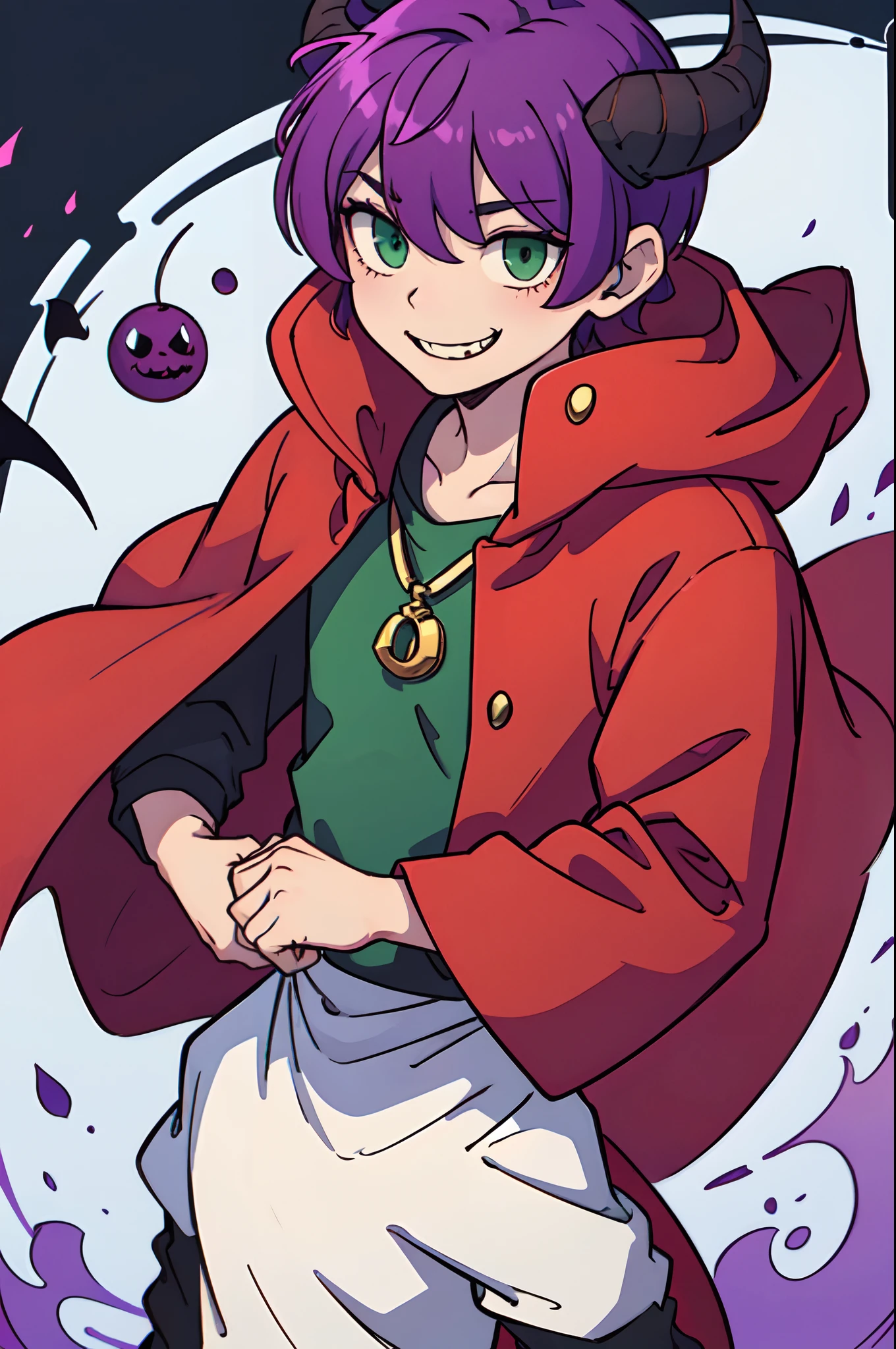 top-quality、((Deformed))、Boy with purple shorthair hair、Green eyes、demonic horns、A smile、red cloak、Composition that reflects the whole body