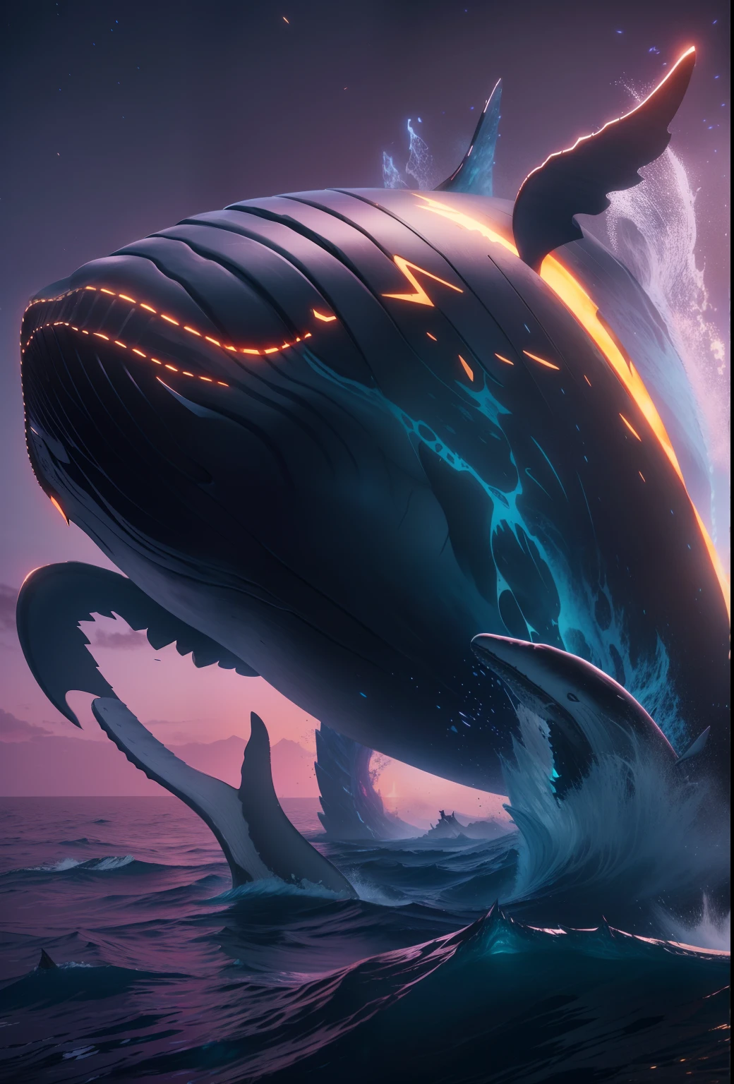 Whale Fall - Intimidating - Bright - Blue - Eyes - Unreal Engine - Black and Purple Background - Golden Glow