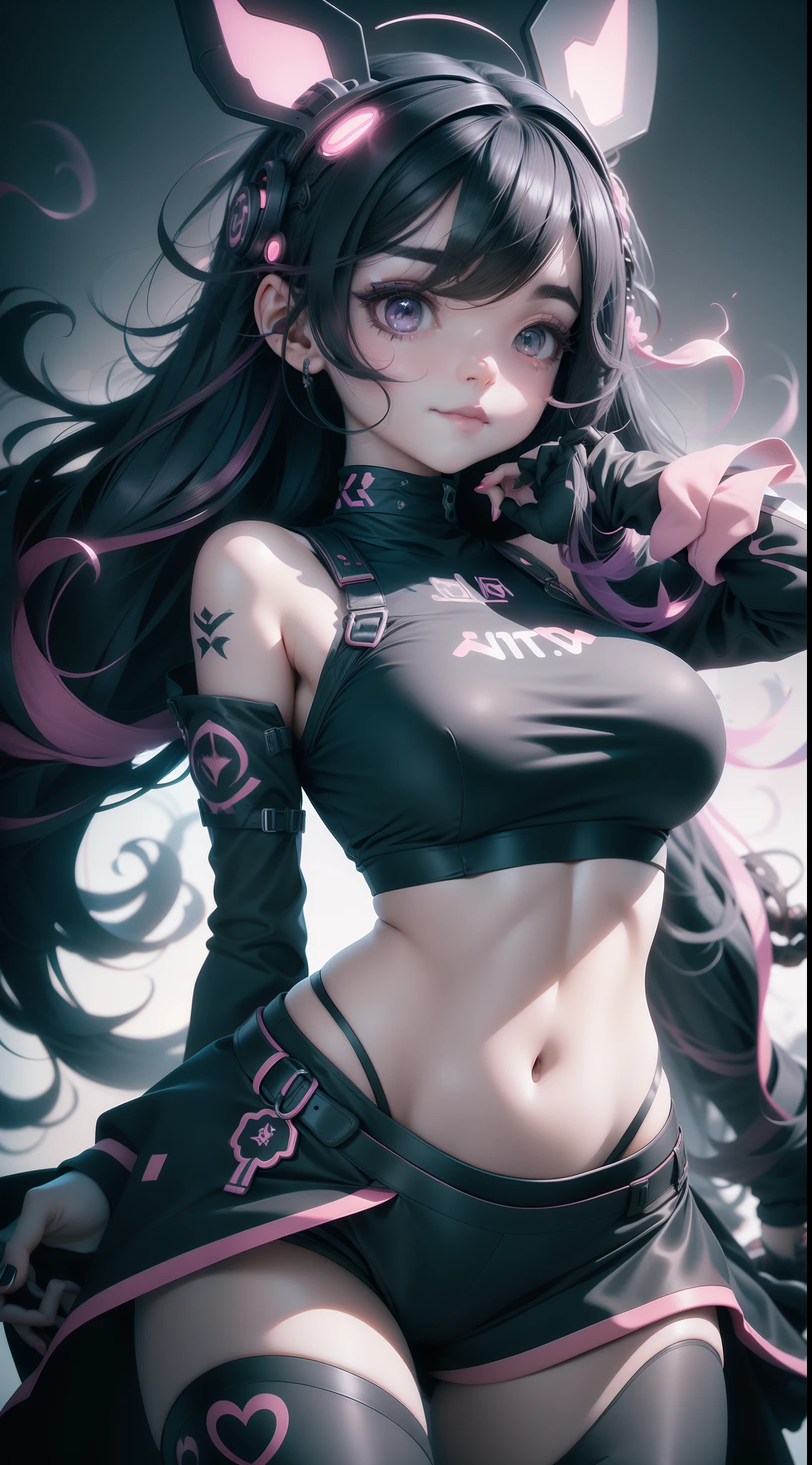 gothgirl, Long black hair, black crop top,Pink skirt,Black CPTPN leggings, cheerfulness, Dancing, Beautiful anime style girl all over, clean detailed faces, underdressing, analogous colors, Glowing shadow, beautiful gradation, Depth of field, Clean image, High quality, High detail, High definition, Luminous Studio graphics engine, Cute face, big breast, Slim waist, nice hip,