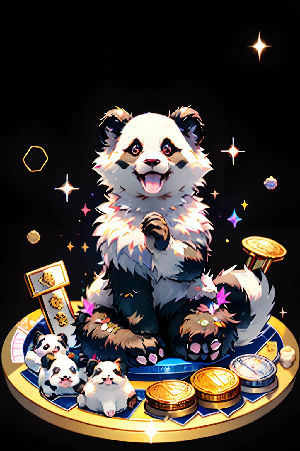 Niji is proud， 独奏， ssmile， with her mouth open， No tongue，The seated panda raises one paw upwards， inner strength， ssmile， As estrelas （sigature）， Gold ingots and coins， No Man， glittery， head looking up， Black and white panda， Animal focus， sparkle eyes， fluffly