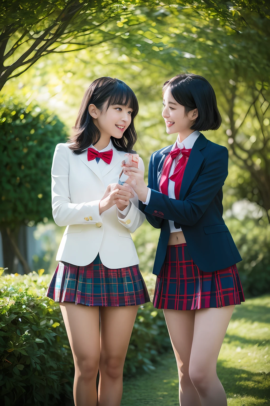 ((Two girls,duo,Face focus,caressing the,Postural collar))"Beautiful female characters in anime style、navel,Short blue hair、eBlue eyes、A smile、blazers、white shirt、red bowtie、red plaid skirt、Figures in black stockings、Bouquet in hand、Scene of dancing in the summer garden。With high-quality depictions and the highest quality、emphasizing thighs、In the bright sun、The whole body glows、Paint a gorgeous picture。"The background is pure, A high resolution, the detail, RAW photogr, Sharp Re, Nikon D850 Film Stock Photo by Jefferies Lee 4 Kodak Portra 400 Camera F1.6 shots, Rich colors, ultra-realistic vivid textures, Dramatic lighting, Unreal Engine Art Station Trend, cinestir 800,
(photography:Canon EOS R6, 85 mm, 1/1250, f/2.0, ISO 400)、extra detailed body、extra detailed face、best qualtiy:1.2)