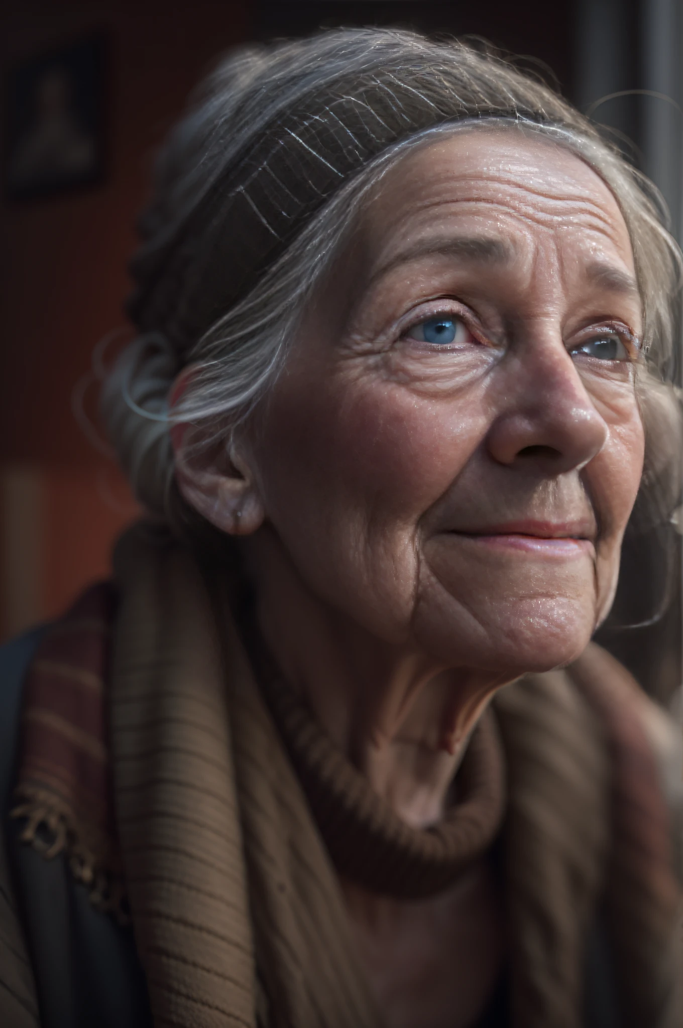 Highly detailed RAW portrait of an elderly Irish woman with tired, worn textures, distinct skin pores, and a nose piercing. The lighting is flawlessly balanced for photorealism, with a sharp focus and smooth depth of field. Captured in 8K UHD using a Sony Alpha 1 and an 85mm f/1. 4 lens at a shutter speed of 1/500 and ISO 100 film. The color palette is neutral and muted, rendering a realistic portrayal.