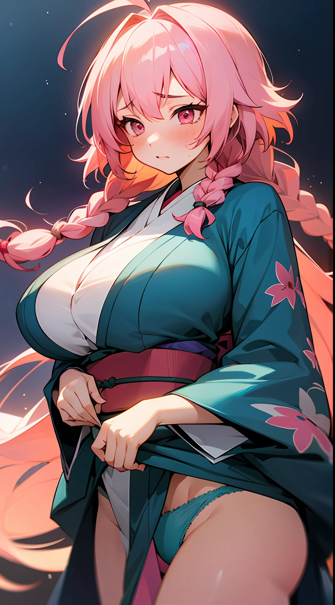 1 girl, game CG, floral blue kimono lift, panties, gigantic breasts, pink hair, long hair, braids, princess hairstyle, ahoge, pink eyes, night, embarrassed,