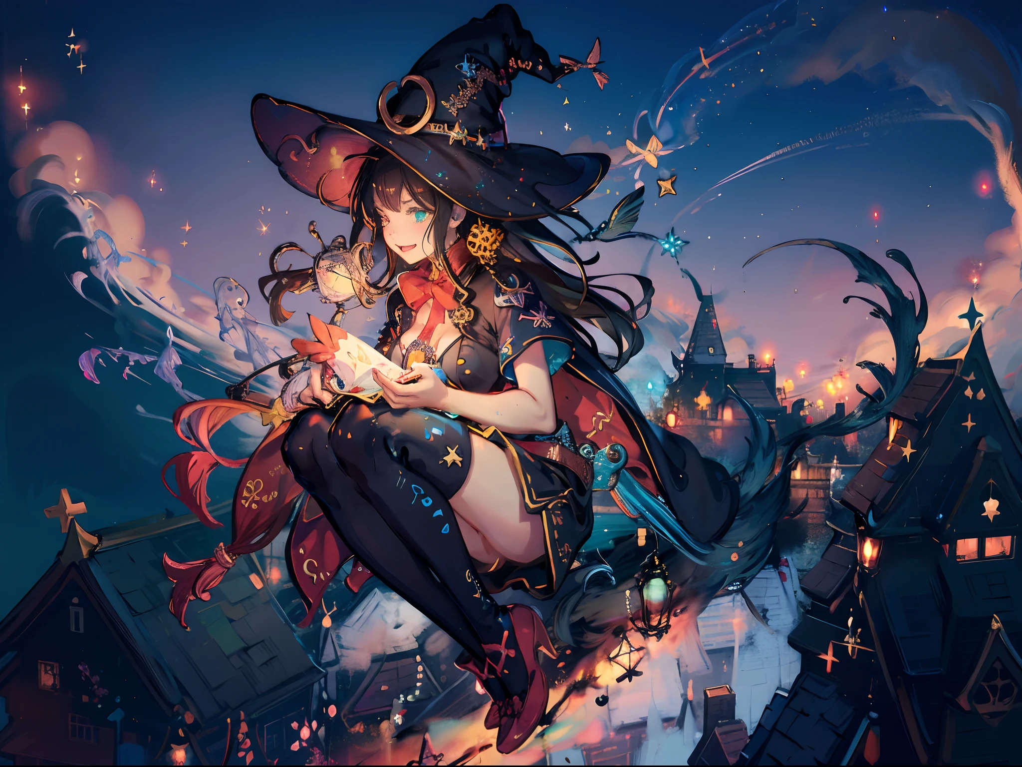 (Masterpiece:1.2, high quality), (pixiv:1.4), ,fansty world,  {{{best quality}}}, {{ultra-detailed}}, {illustration}, cinematic angle, {detailed light},cinematic lighting. A witch wearing witch outfit, witch hat