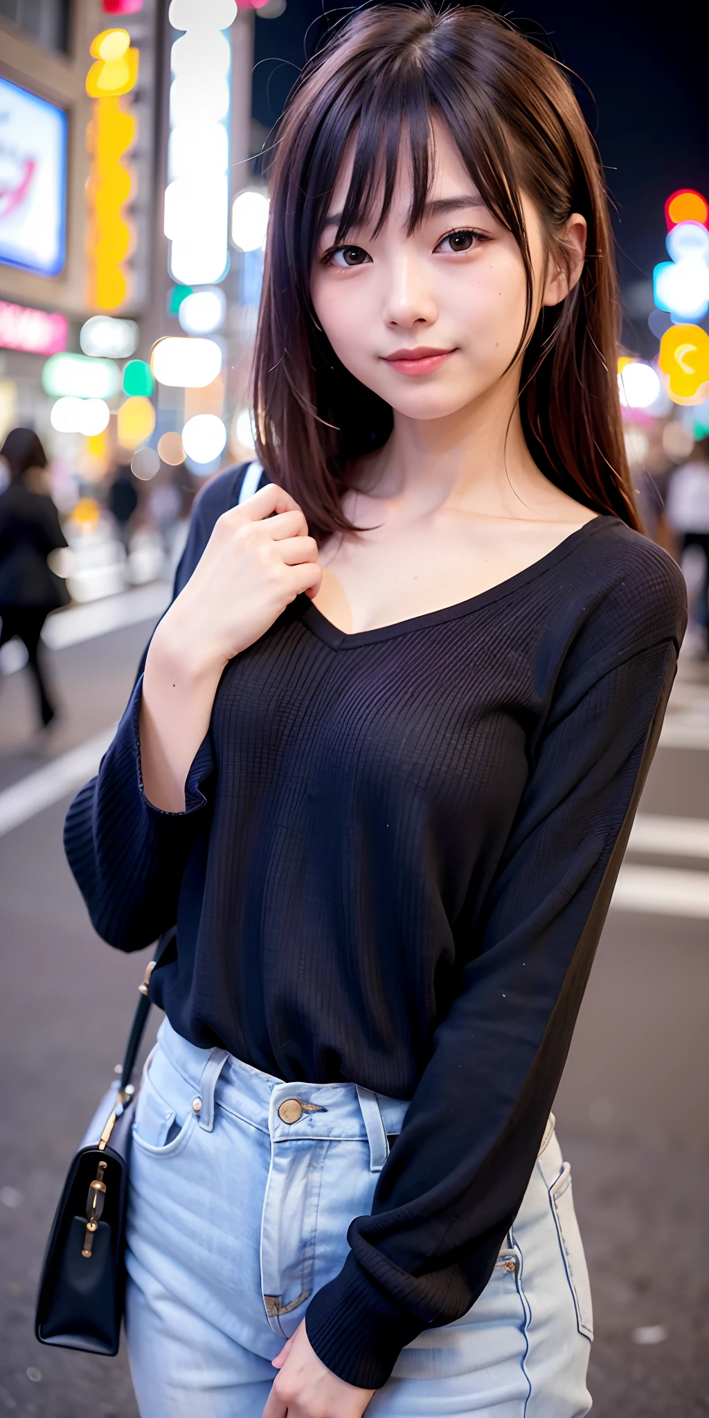 1 girl, Tokyo street, night, cityscape, city lights, upper body, close-up, blouse, smile, (8k, RAW photo, top quality, masterpiece: 1.2), (real, photoreal: 1.37),
