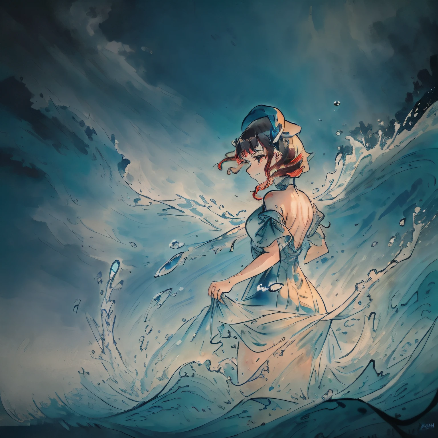 depth of field, wave at the edge of dress, masterpiece, flat color, best quality, a girl, solo: {dress{{dissolving dress}}, dress having the same color with ocean, dress floating into sea}, wave, ((colorful refraction)), ((beautiful detailed sky)), ((dark intense shadows)), ((cinematic lighting)), ((overexposure)), water on the dress, (water sea blue dress blending with sea), from side ,(beautiful detailed girl),beautiful detailed glow, ,detailed lighting, detailed water,(beautiful detailed eyes),expressionless, standing in the ocean, detailed wet clothes， partially submerged, (long dress blending with ocean), (blue water long dress:1.5), (liquid clothes:1.2) ,a girl, solo, flat_chest, diamond and glaring eyes, black eyes, beautiful detailed cold face, short red hair, short wavy hair, water texture liquid clothes, backless dress , perfect light, white beret with a bowknot on it