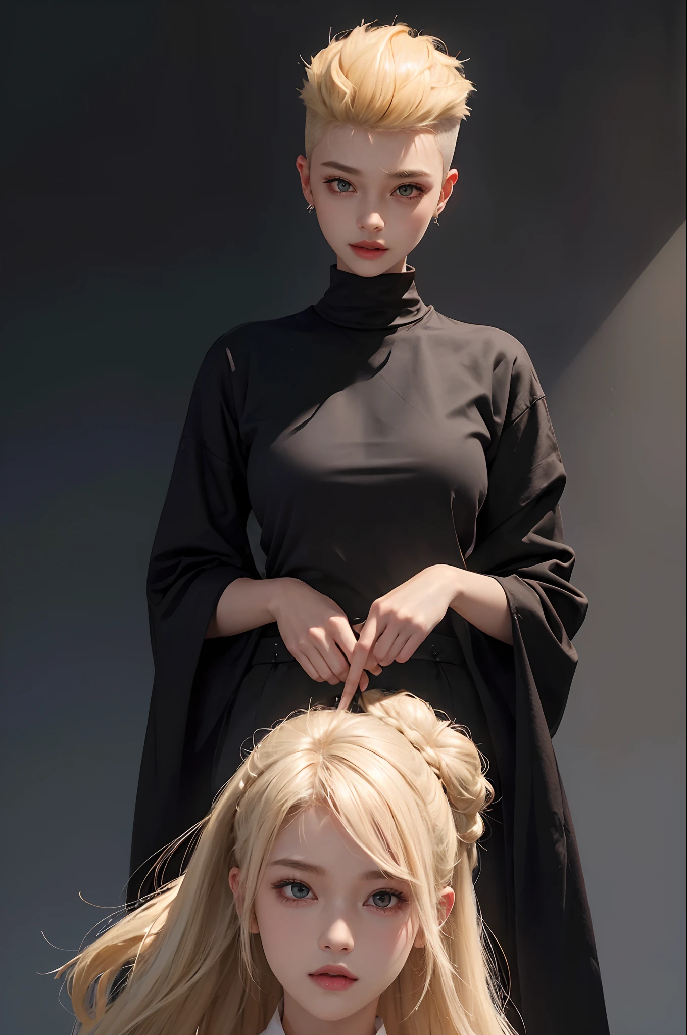 a 20 yo woman、a blond、(hi-top fade:1.3)、dark themed、Muted Tones、Subdued Color、highly contrast、(natural skin textures、Hyper-Realism、Soft light、sharp)ssmile