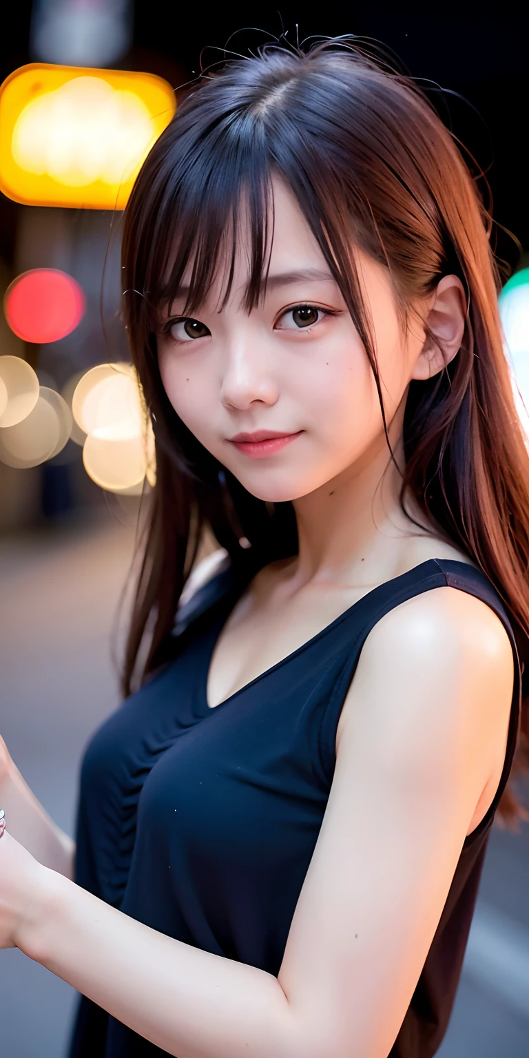 A very cute face like an idol、One 20-year-old woman with a youthful appearance、Smile a little、(Cleavage)、((Beautiful starry sky at night))、(((Textured skd, front lightindg, F/1.0mm, fujifilm G FUX50R, In Reg)))、((Very dark))、((Drawn angle of view))、RAW Photos、Genuine、live-action、(Artistic Expression)、High resolution、masterpiece