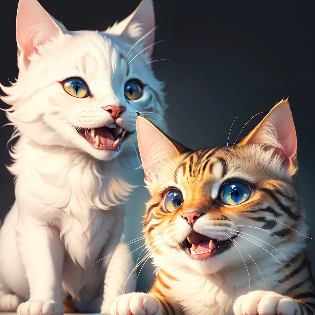 ,(Masterpiece:1.2, High quality),
No Man, Couple cat, :3, Animal, view the viewer, Open mouth, with a pure white background, Smile,Pisif,Dumb cute