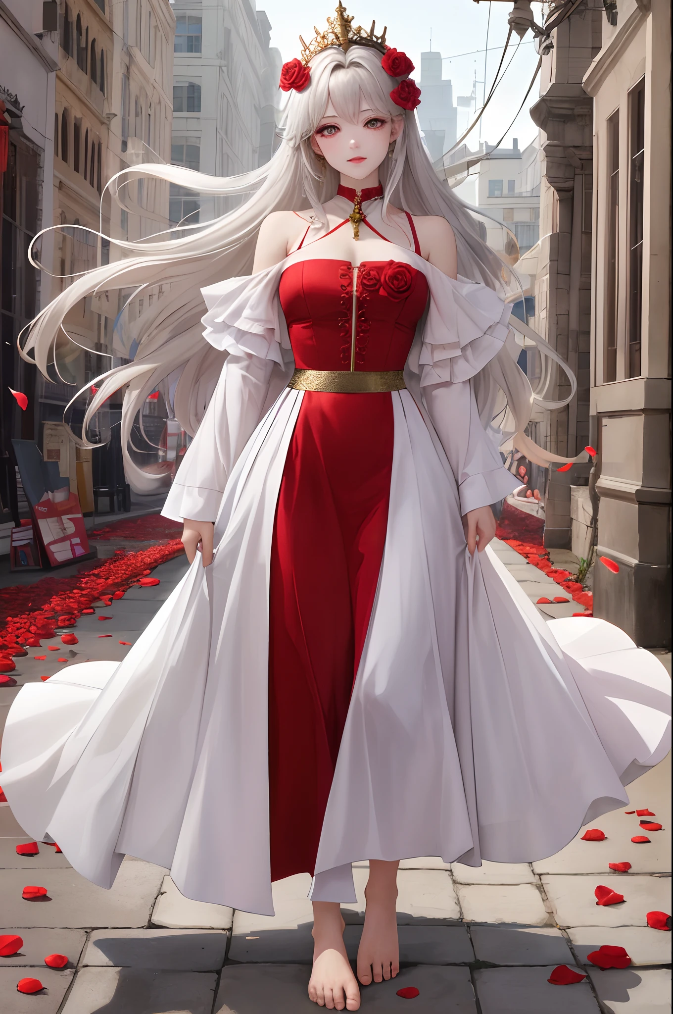 schoolboy,But she looks like a girl,Long white hair that stretches to the calf,The hair was haphazardly tied by several red strings,On the red rope hung gold and silver ornaments,On the wrist,On the neck,On the ankles are gold and silver jewelry,Jingle when walking,It's all the sound of money when you walk。The eyes are unique in red and white,There is a red heart-shaped mole on the chest,Love to be barefoot。Looks like a country,There is a beauty mole in the corner of the eye,Standard cold-faced beauty,Deep scheming。cold personality,Strong self-healing ability,Pain failure。Wearing a red one,A dress stained with many red rose petals。On his head he wears a hair ornament in the shape of a green leaf,Nothing will be taken off。A crown is worn on his head,The white-gold crown is complemented by rose-like rubies,There are also some red rose petals on the hair