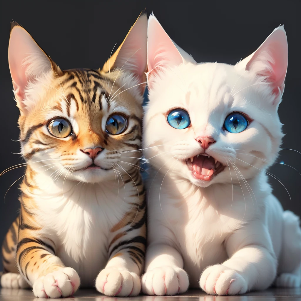 ,(Masterpiece:1.2, High quality),
No Man, Couple cat, :3, Animal, view the viewer, Open mouth, with a pure white background, Smile，Pisif，Dumb cute