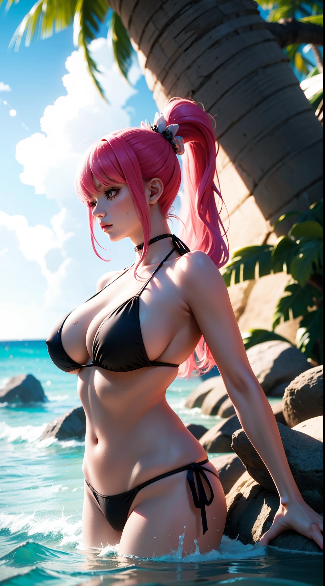 blush from anime one piece, long hair, pink hair, bangs, ponytail, mascara, ponytail, perfect body, perfect breasts, beautiful woman, very beautiful, wearing beach bikini, black bikini, on the beach, coconut tree, Realism, masterpiece, textured skin, super detailed, high detailed, high quality, best quality, 1080P, HD, 16k